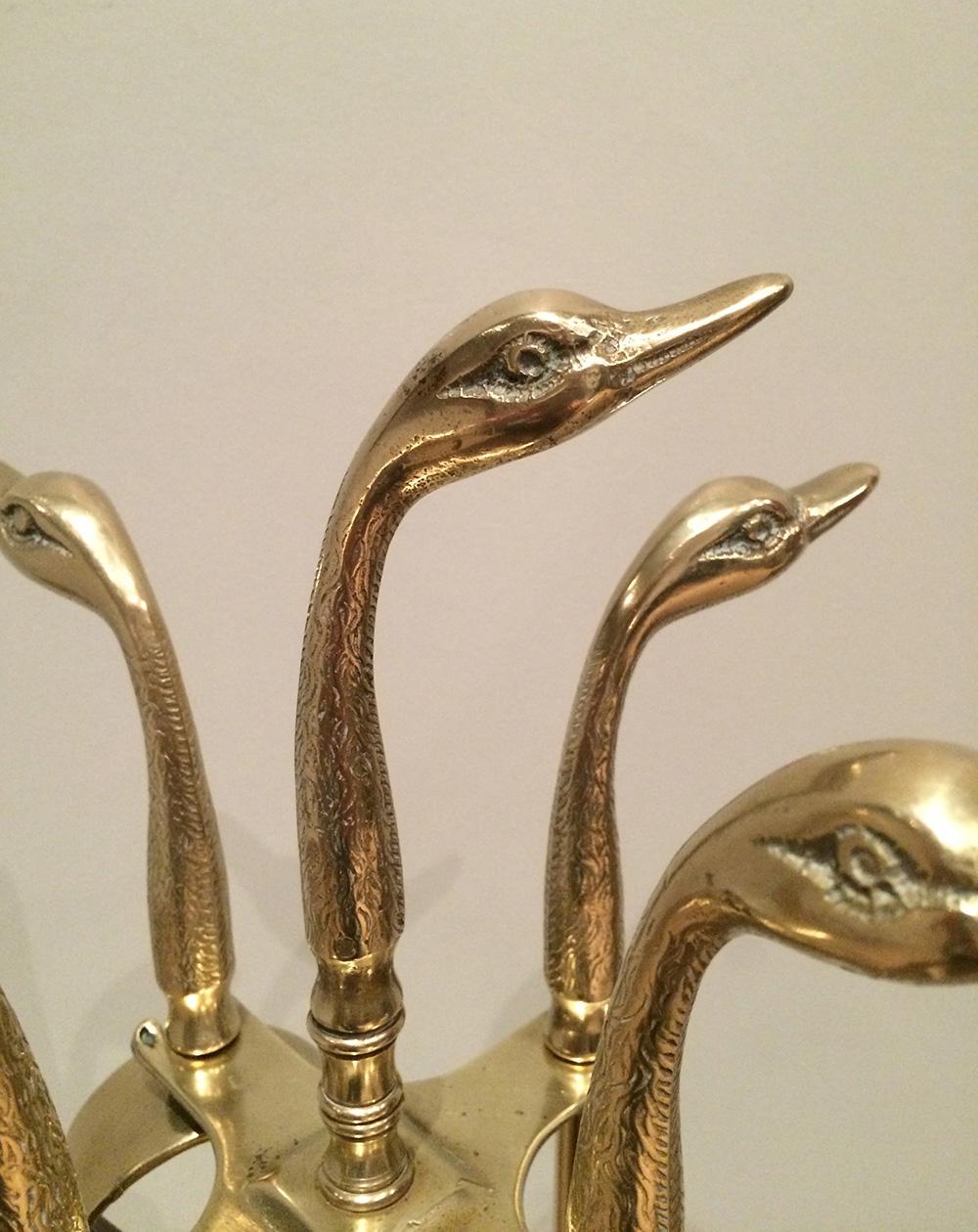 Mid-20th Century Neoclassical Fireplace Tools in Brass with Duck Heads, French, circa 1960