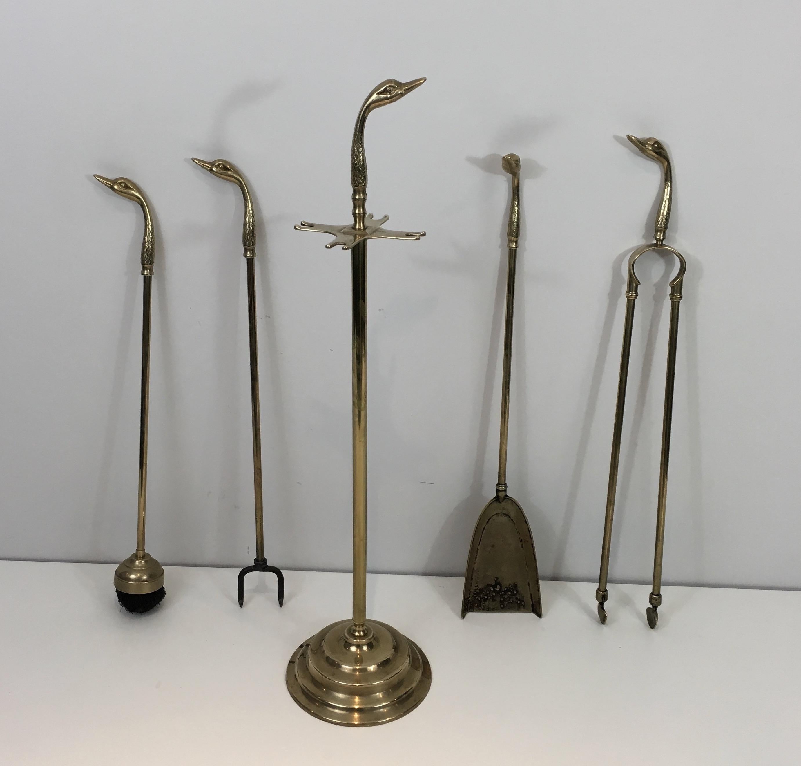 Neoclassical Fireplace Tools in Brass with Duck Heads, French, circa 1960  1