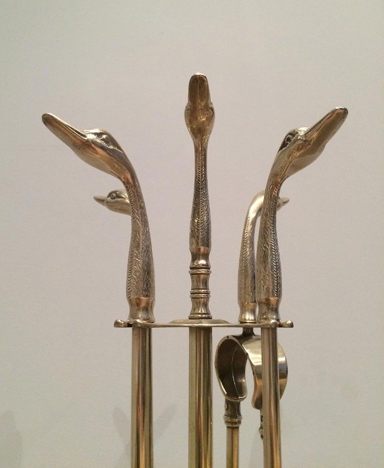 Neoclassical Fireplace Tools in Brass with Duck Heads, French, circa 1960 For Sale 1