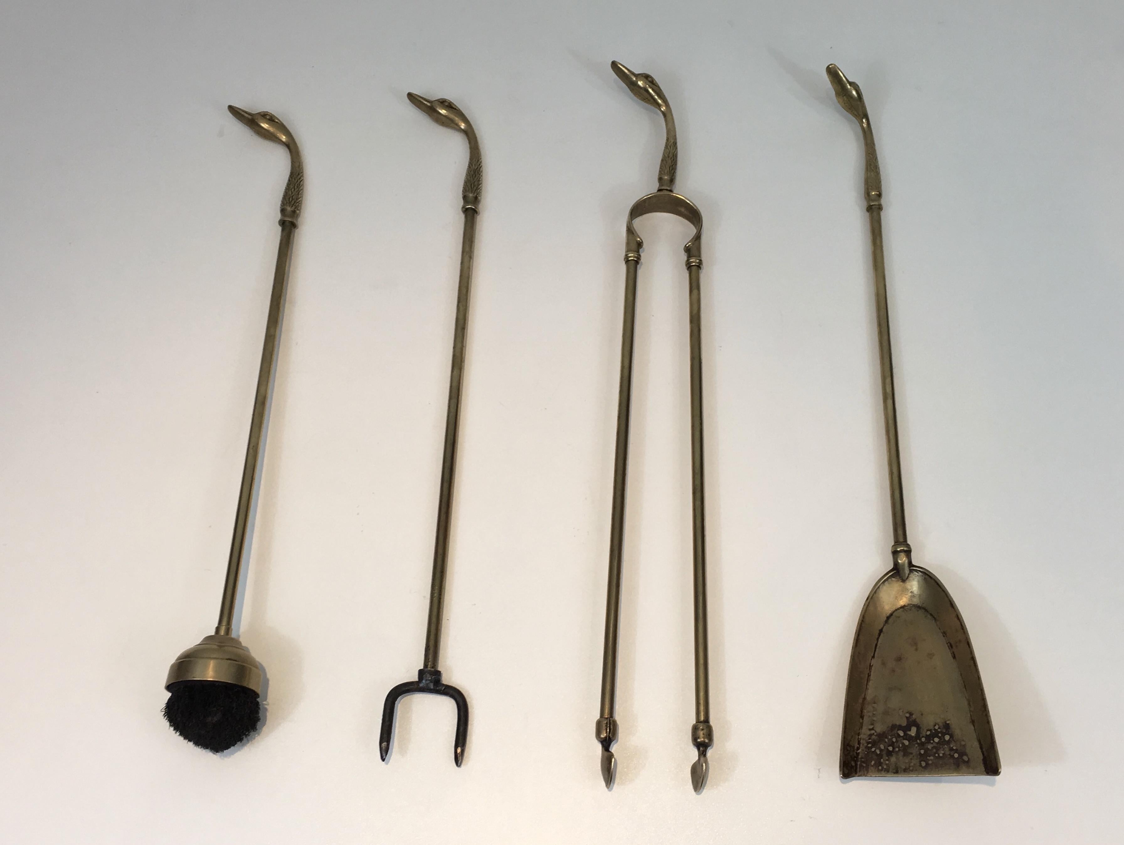 Neoclassical Fireplace Tools in Brass with Duck Heads, French, circa 1960  2