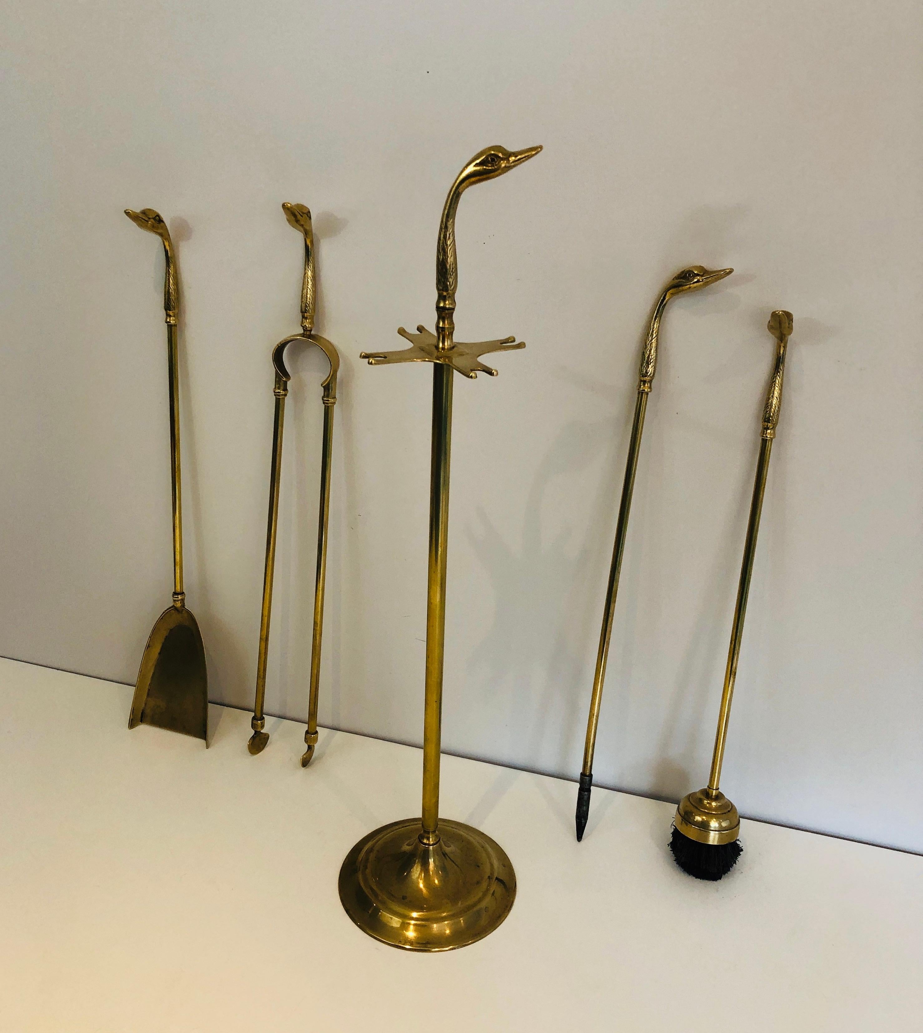 Mid-20th Century Neoclassical Fireplace Tools in Brass with Duck Heads, French, circa 1960