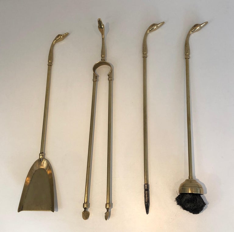 Neoclassical Fireplace Tools in Brass with Duck Heads, French, circa 1960 For Sale 4