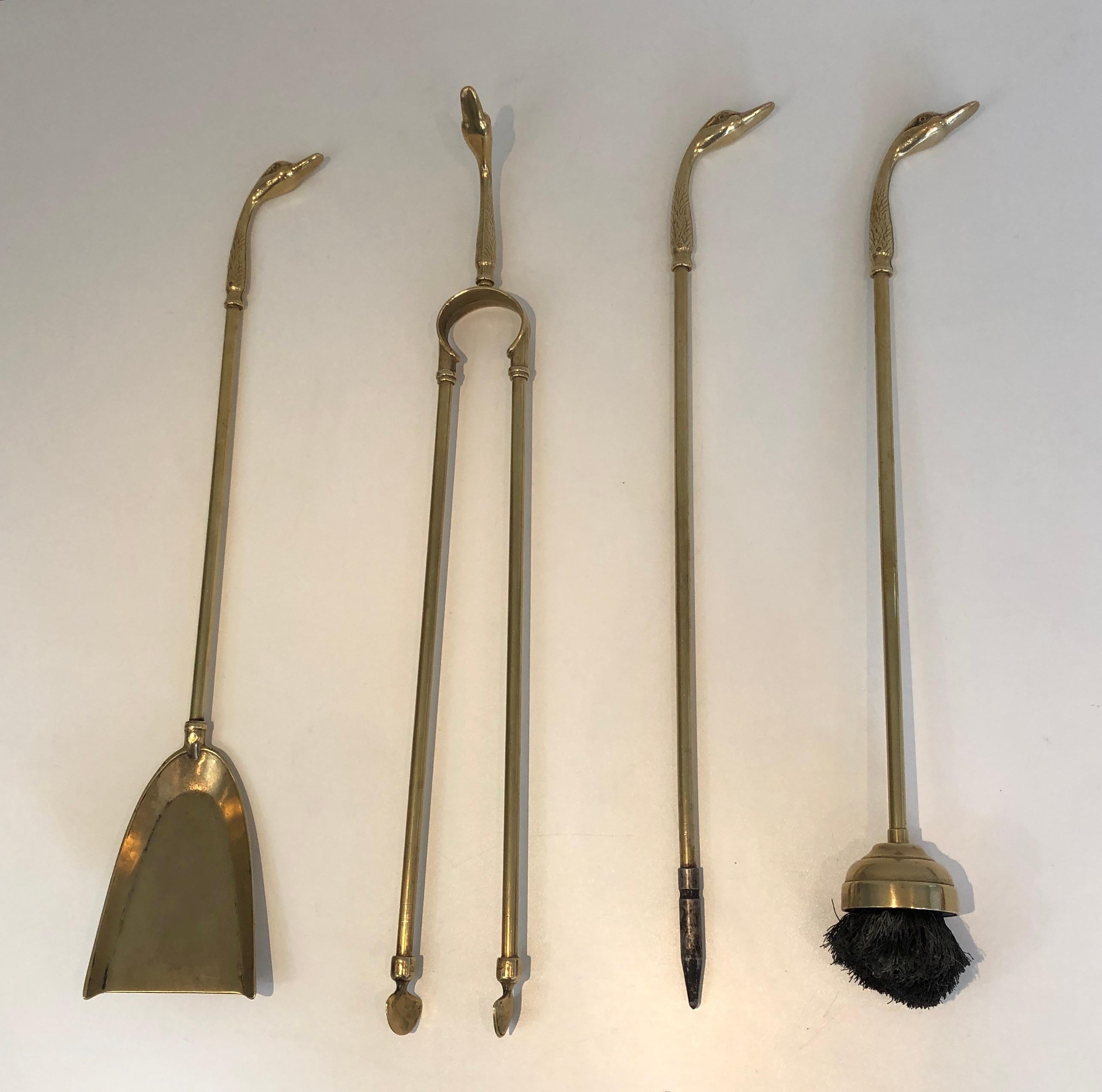 Neoclassical Fireplace Tools in Brass with Duck Heads, French, circa 1960 4
