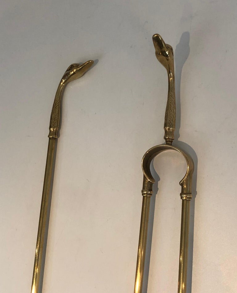 Neoclassical Fireplace Tools in Brass with Duck Heads, French, circa 1960 For Sale 5