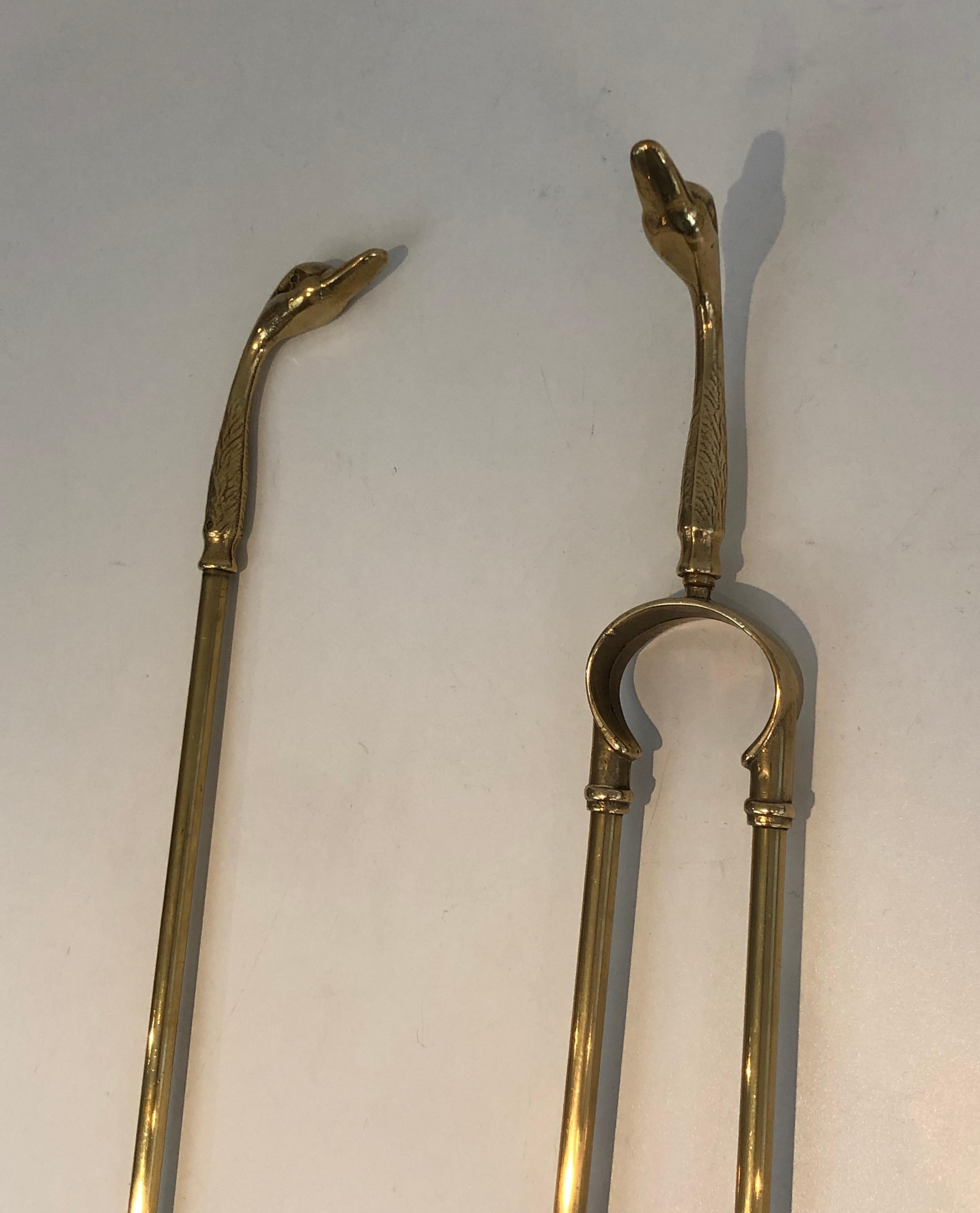 Neoclassical Fireplace Tools in Brass with Duck Heads, French, circa 1960 5