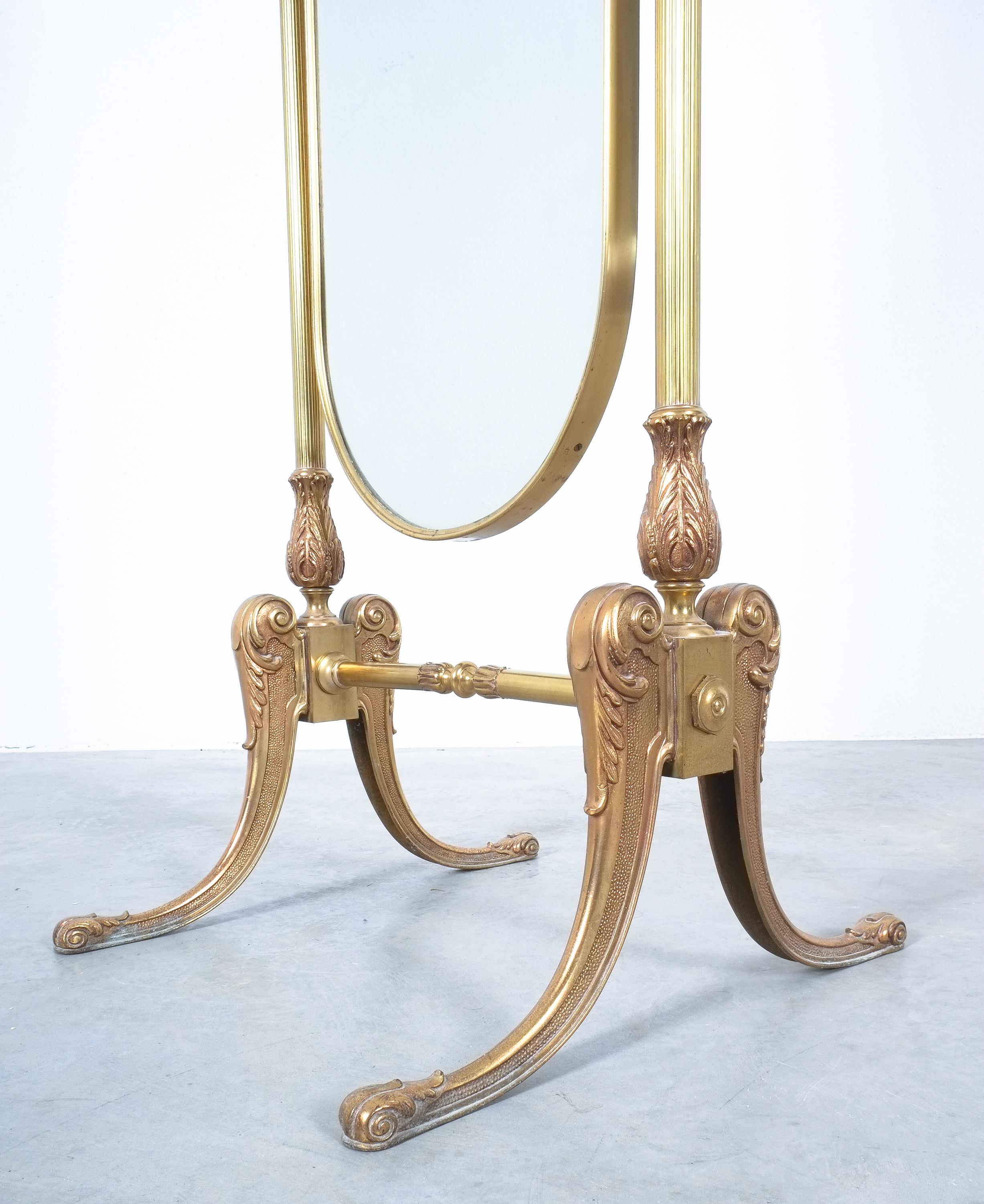 French Neoclassical Floor Standing Cheval Mirror Made from Brass, France, 1970
