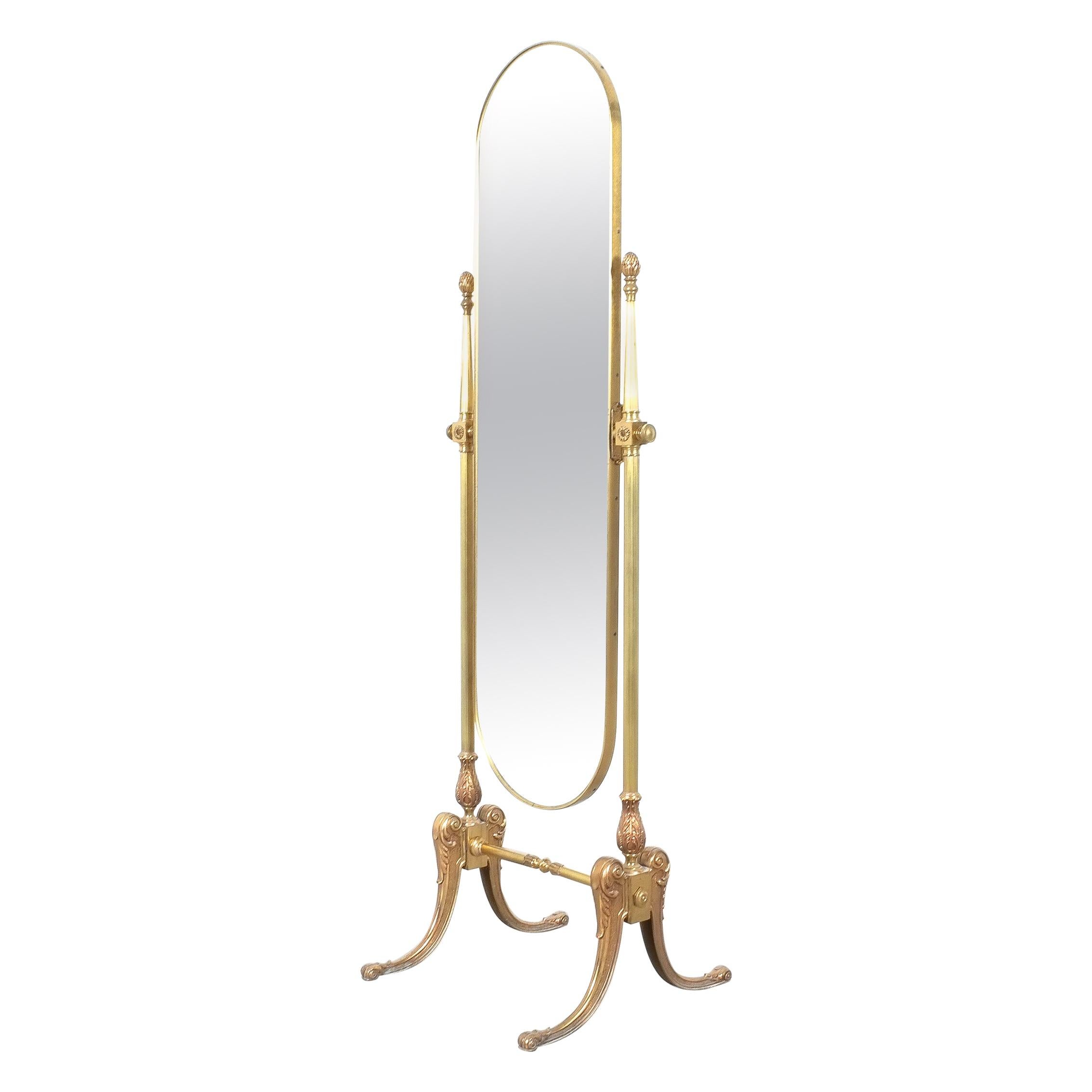 Neoclassical Floor Standing Cheval Mirror Made from Brass, France, 1970