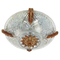 Neoclassical Flush Mount Light Fixture in Cut Crystal and Bronze, Spain 1950 Neoclassical Flush Mount Light Fixture in Cut Crystal and Bronze, Spain 1950