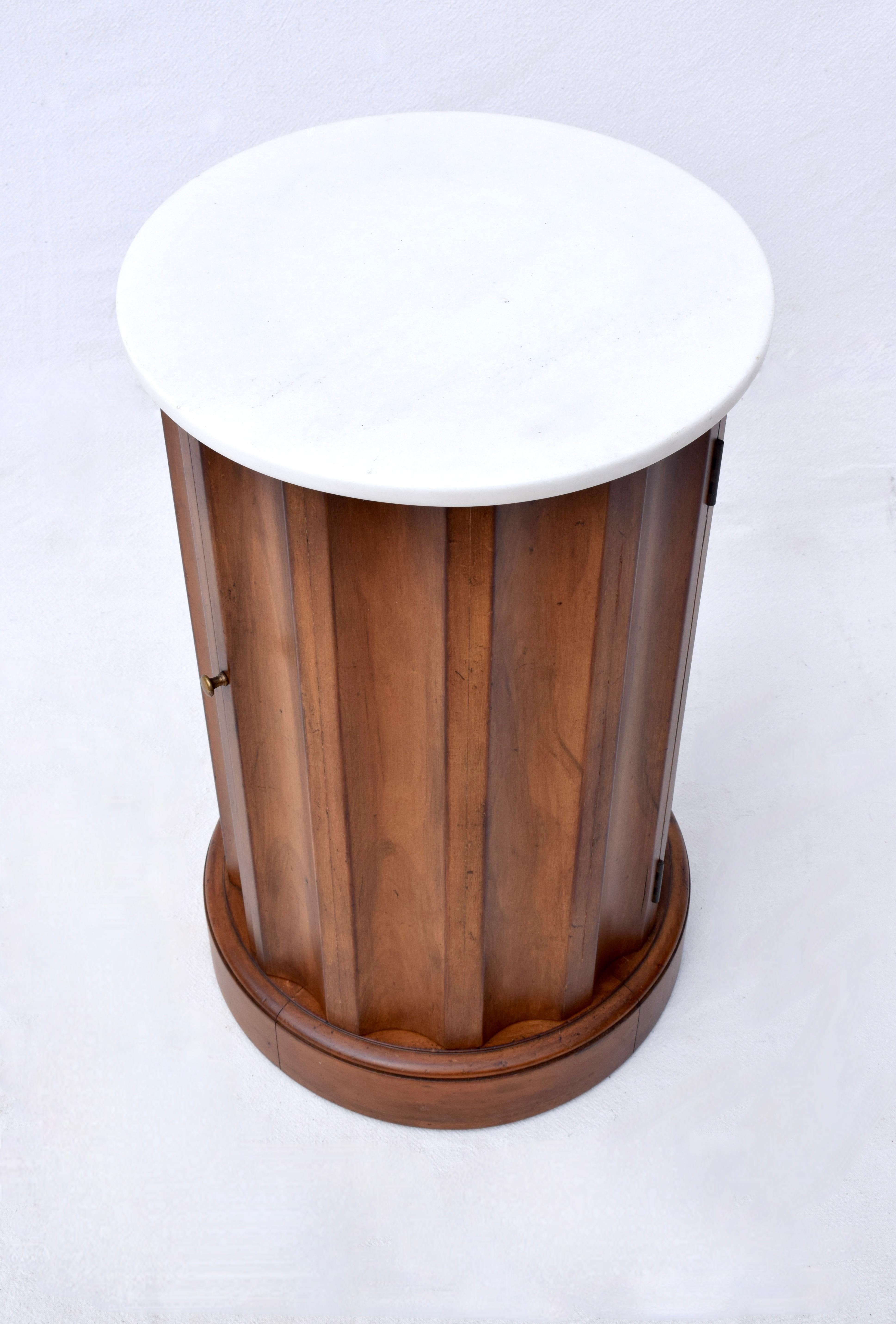 Vintage classical fluted column pedestal side table cabinet with single removable shelf & door,  white marble top. Notable craftsmanship in the joinery, multifunctional & suitable for use as a small bar cabinet.