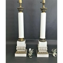 Neoclassical Fluted Corinthian Column Enamel & Brass Table Lamps Pair