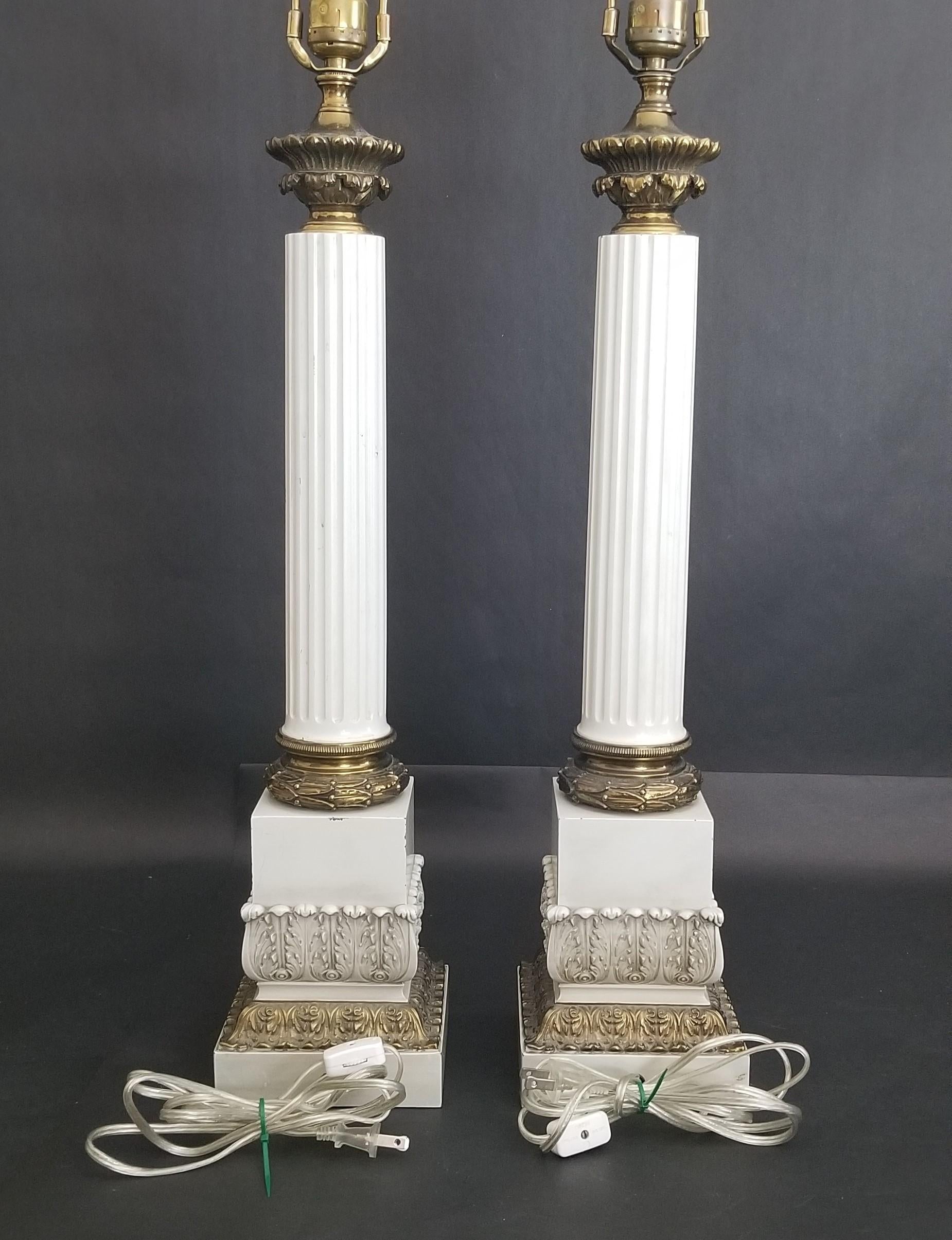 Unknown Neoclassical Fluted Corinthian Column Enamel & Brass Table Lamps, Set of 2 For Sale