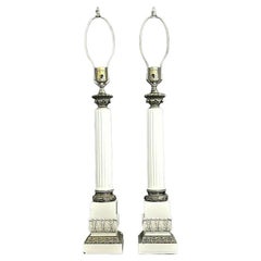 Neoclassical Fluted Corinthian Column Enamel & Brass Table Lamps, Set of 2