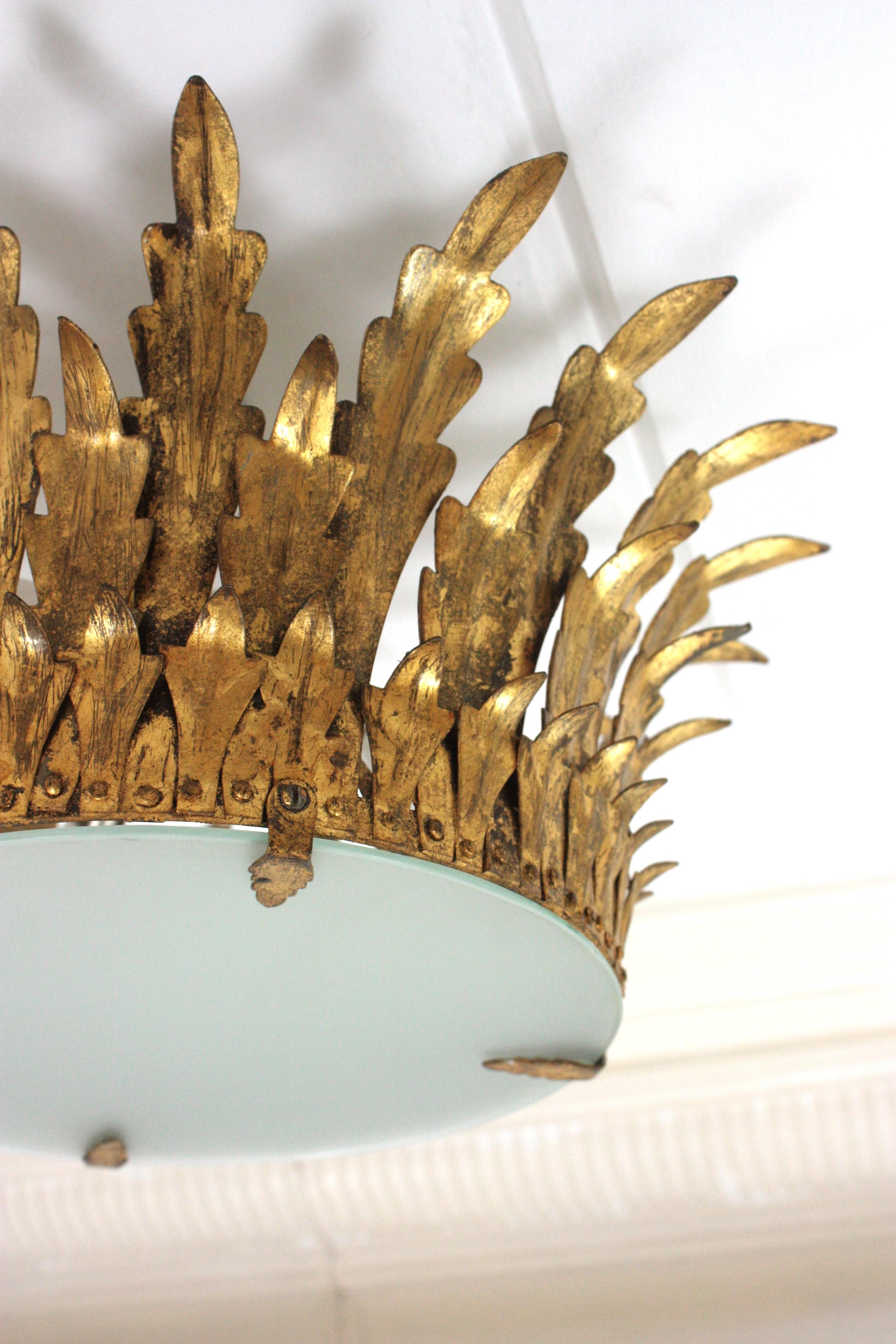 Neoclassical Foliage Sunburst Crown Ceiling Light Fixture / Chandelier For Sale 2