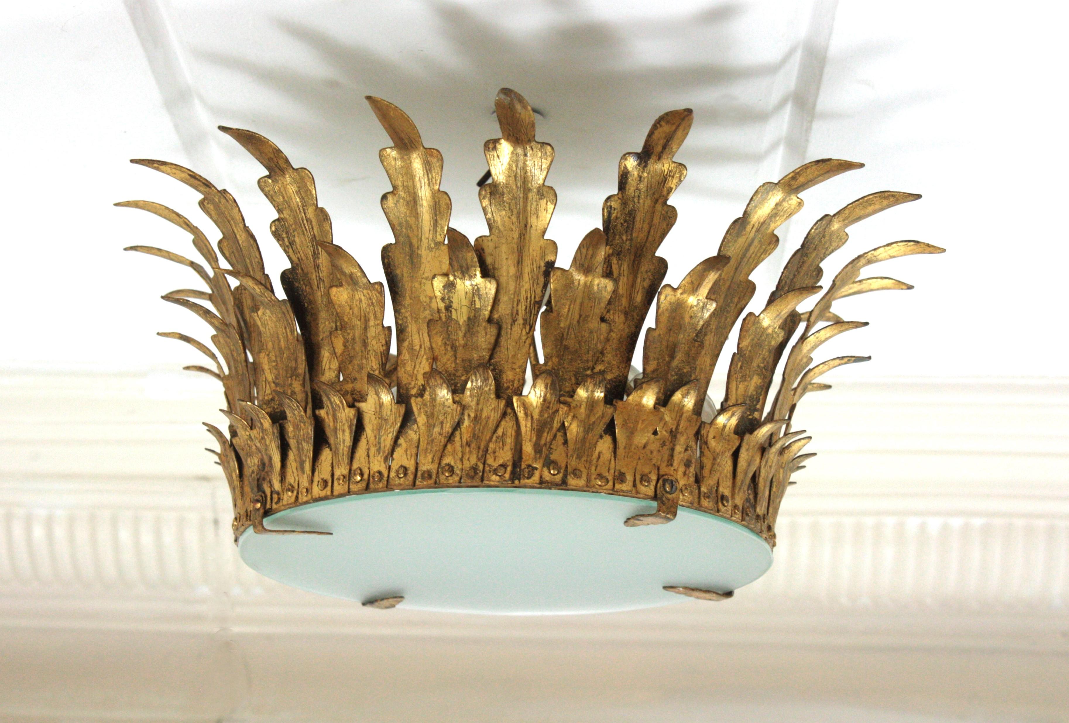 Neoclassical Foliage Sunburst Crown Ceiling Light Fixture / Chandelier For Sale 4