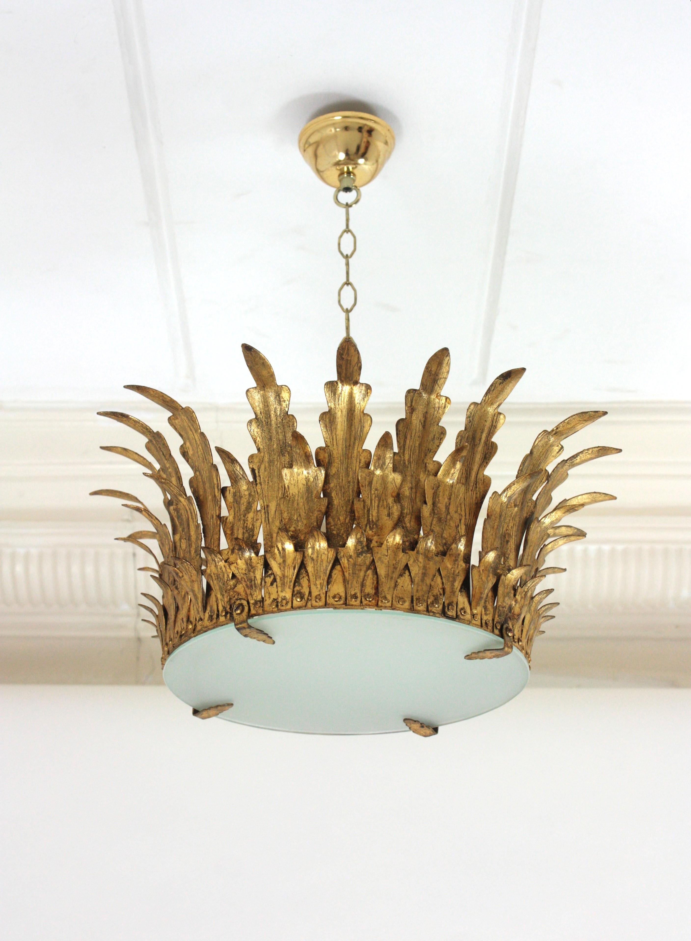 Neoclassical Foliage Sunburst Crown Ceiling Light Fixture / Chandelier For Sale 7