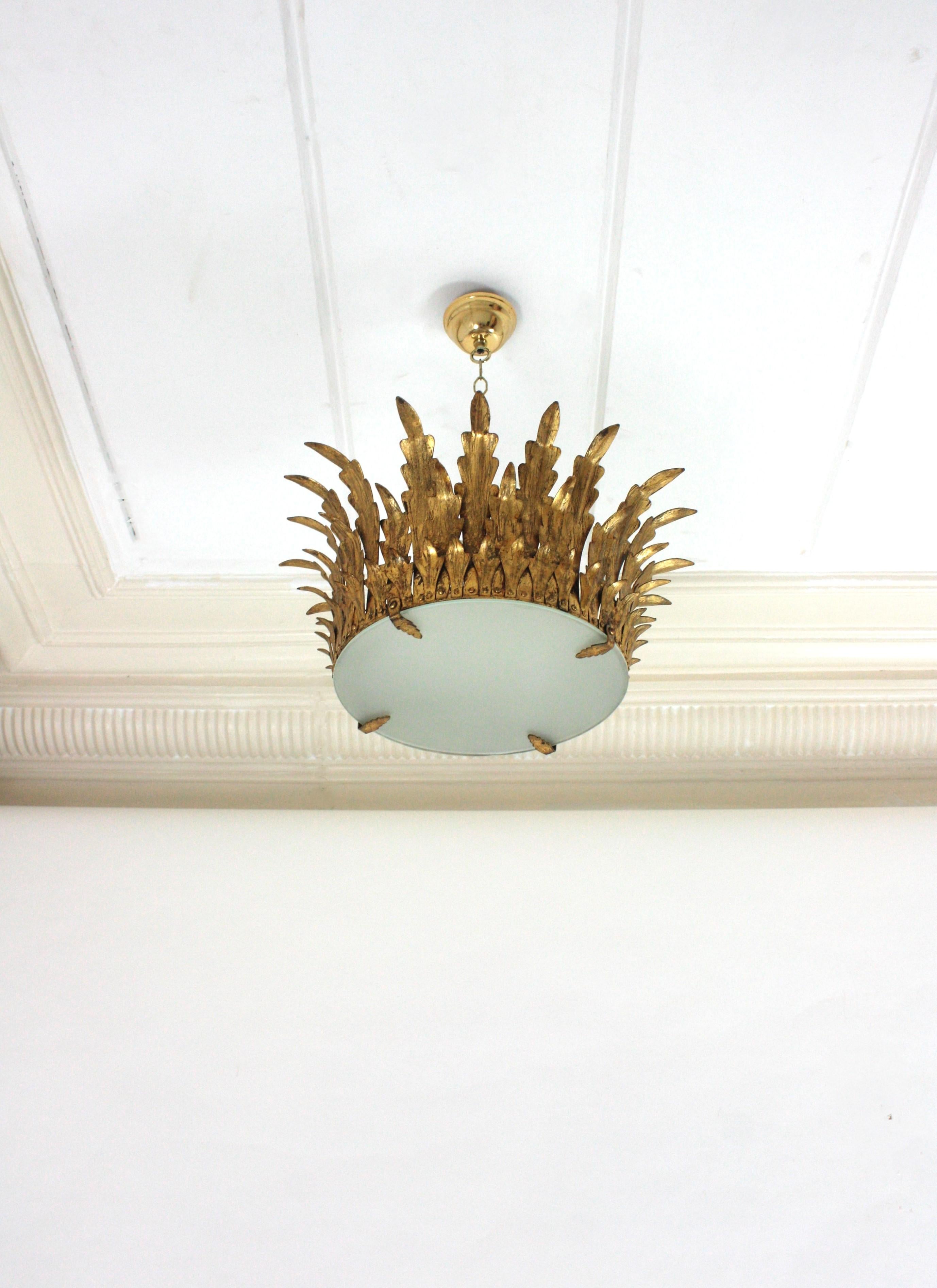 Neoclassical Foliage Sunburst Crown Ceiling Light Fixture / Chandelier For Sale 8