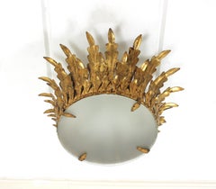 Neoclassical Foliage Sunburst Crown Light Fixture / Chandelier in Gilt Iron