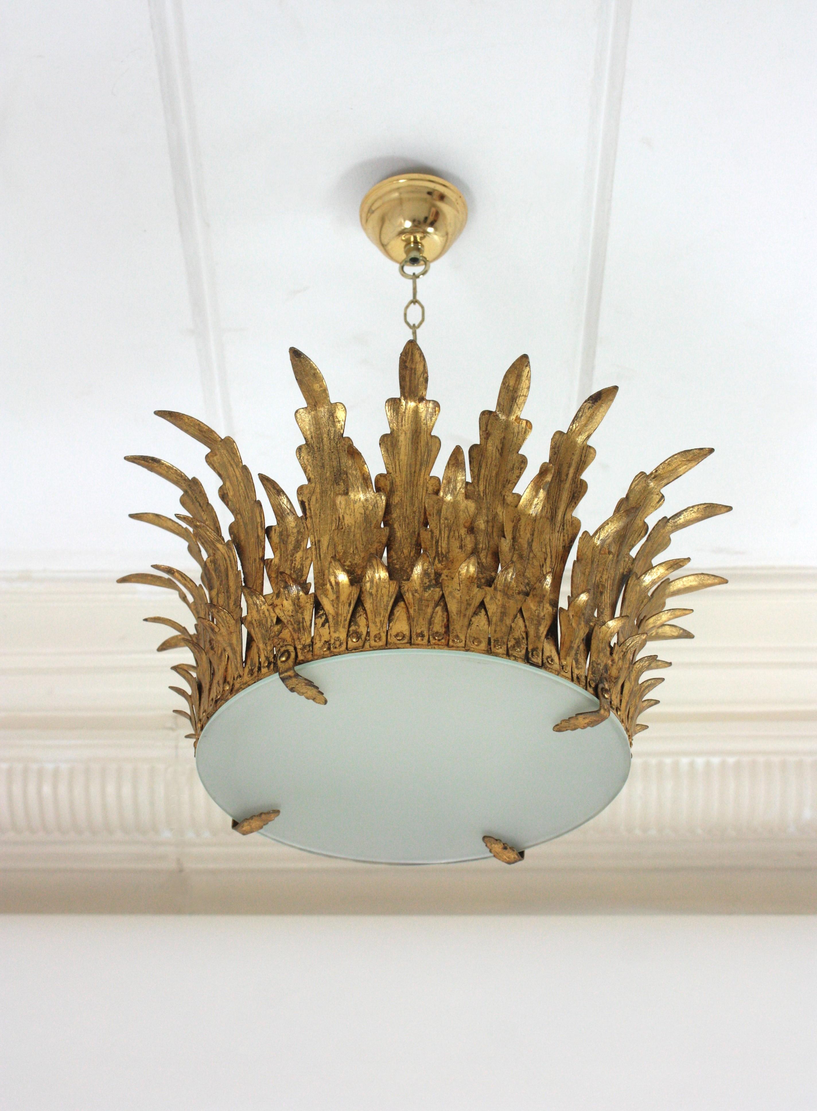Mid-Century Modern Neoclassical Foliage Sunburst Crown Ceiling Light Fixture / Chandelier For Sale