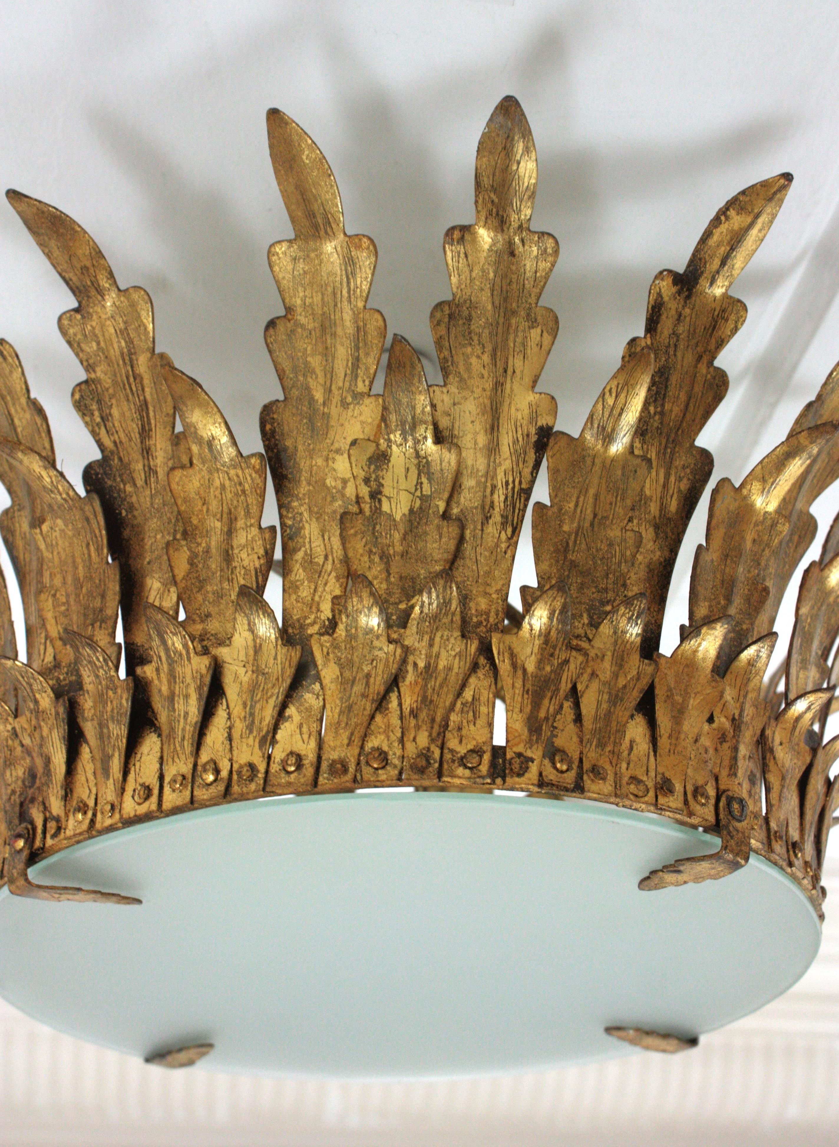 Spanish Neoclassical Foliage Sunburst Crown Ceiling Light Fixture / Chandelier For Sale
