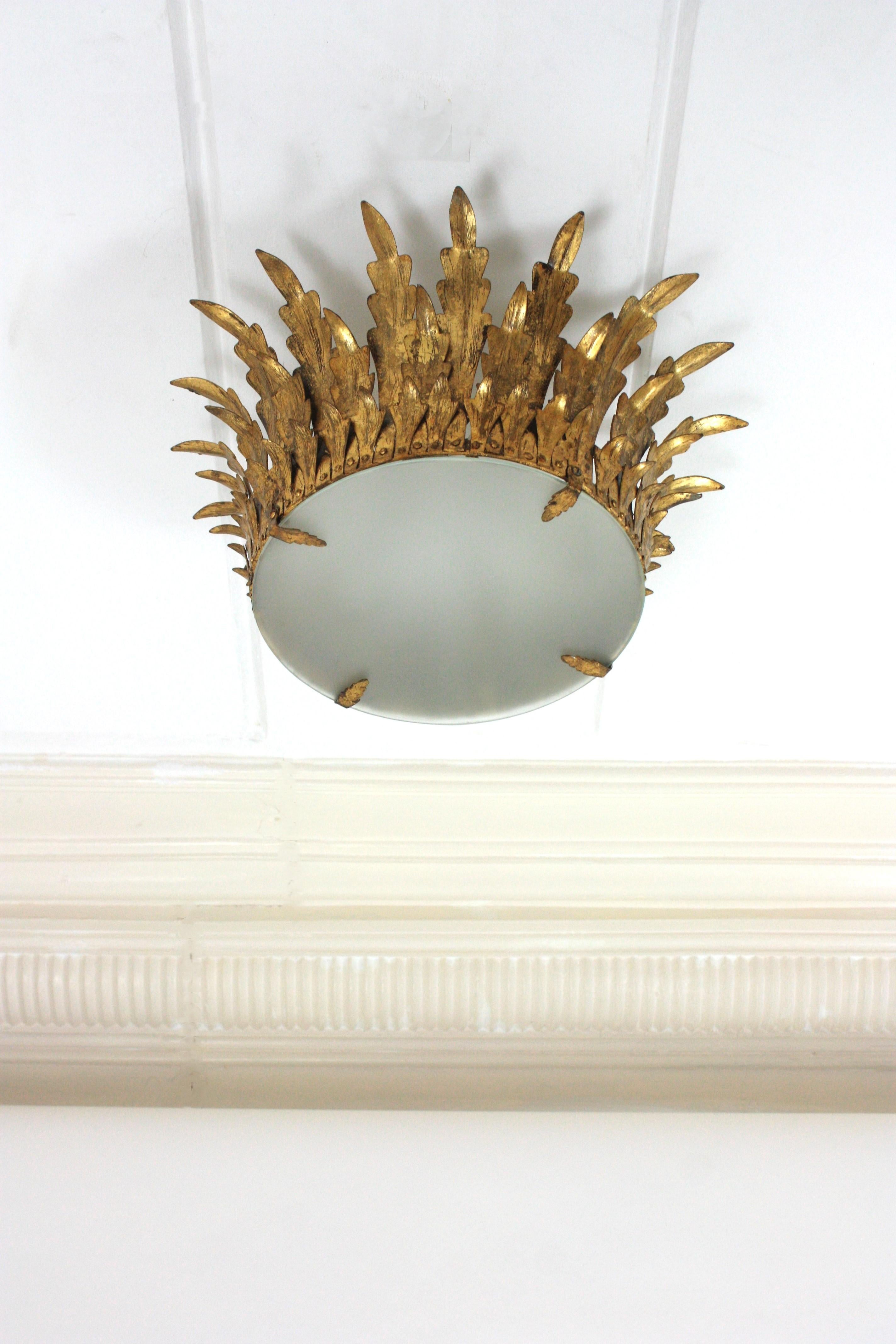 Frosted Neoclassical Foliage Sunburst Crown Ceiling Light Fixture / Chandelier For Sale