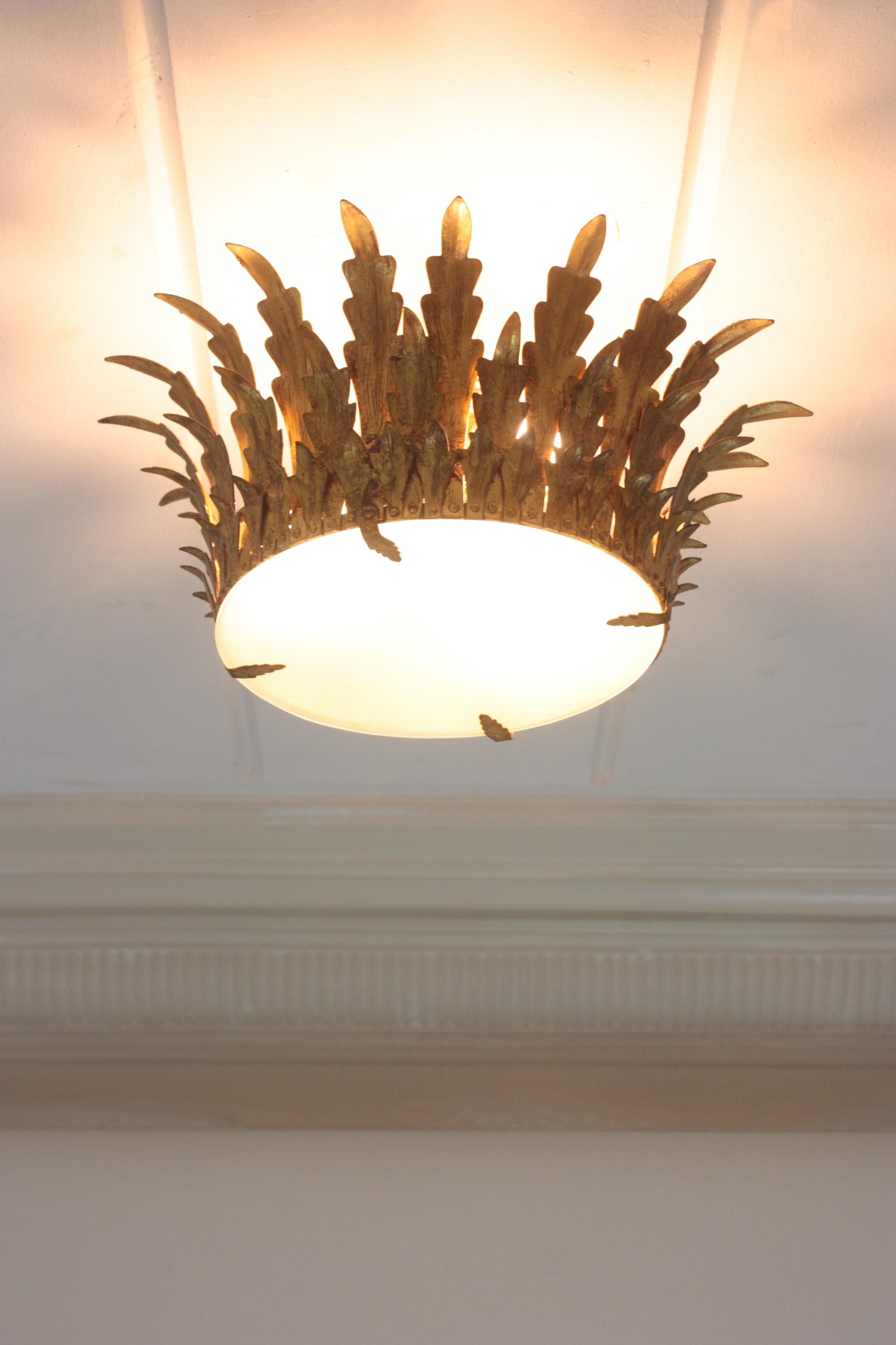 20th Century Neoclassical Foliage Sunburst Crown Ceiling Light Fixture / Chandelier For Sale