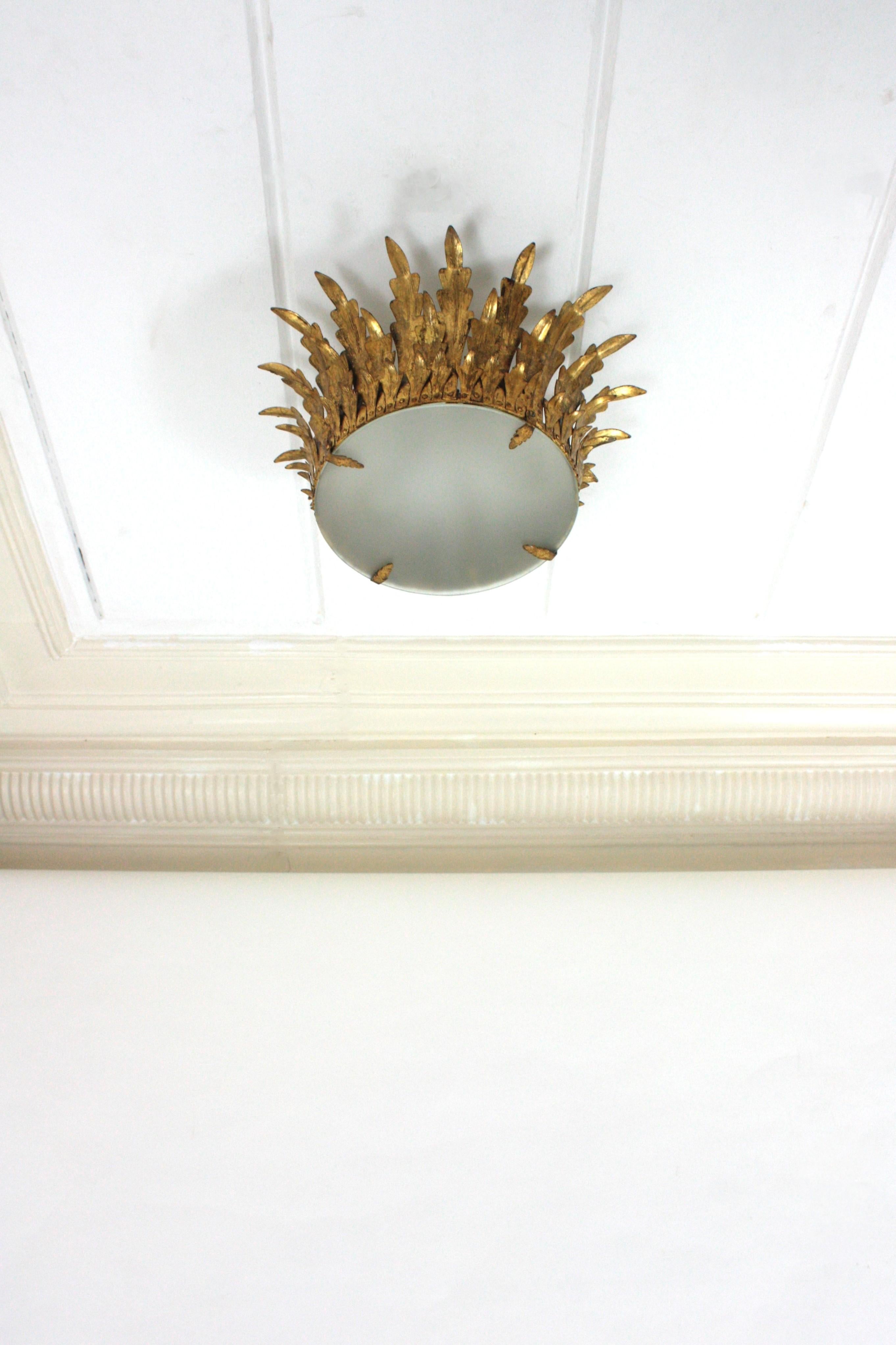 Metal Neoclassical Foliage Sunburst Crown Ceiling Light Fixture / Chandelier For Sale