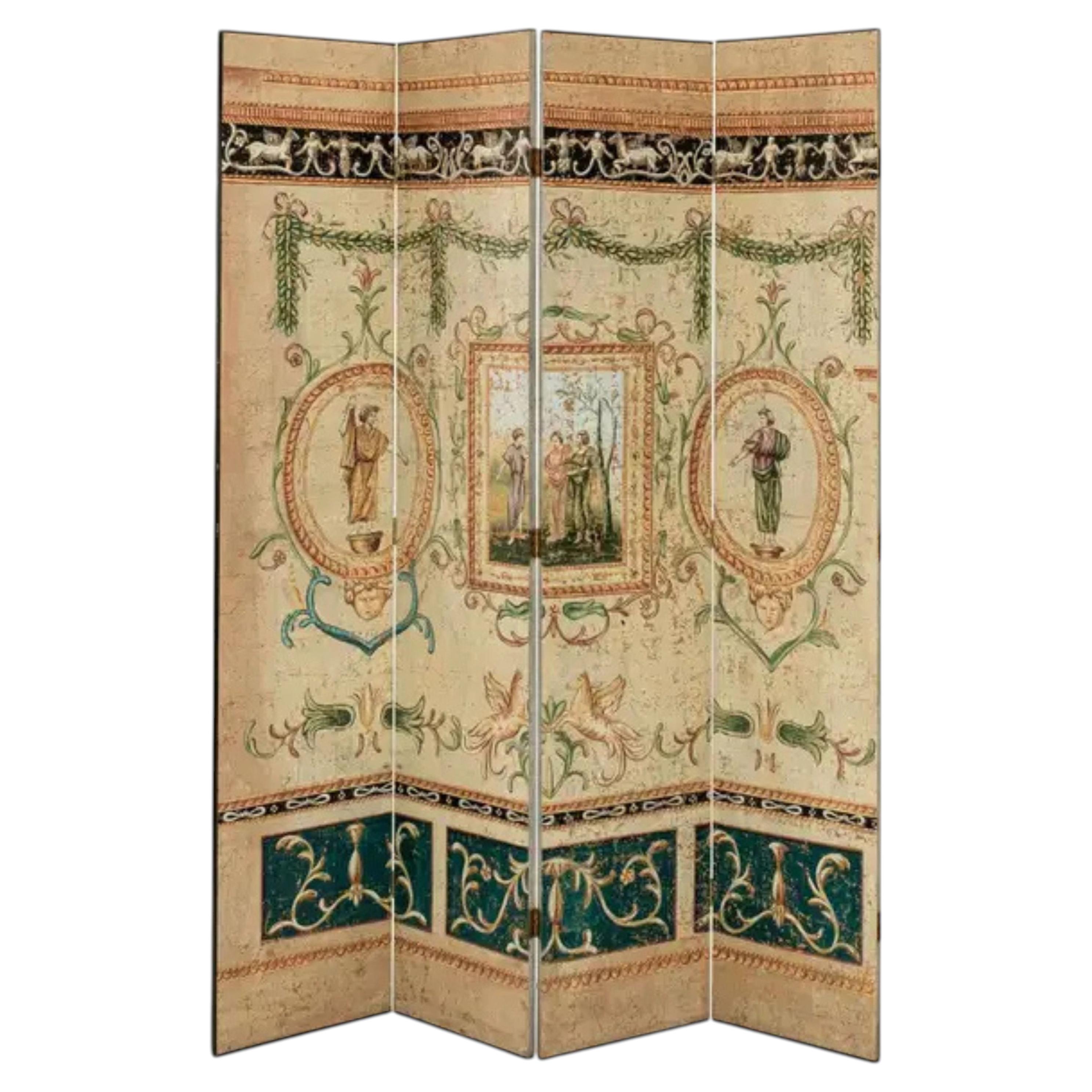 Neoclassical Four-Panel Hand-Painted Folding Screen, Late 20th Century