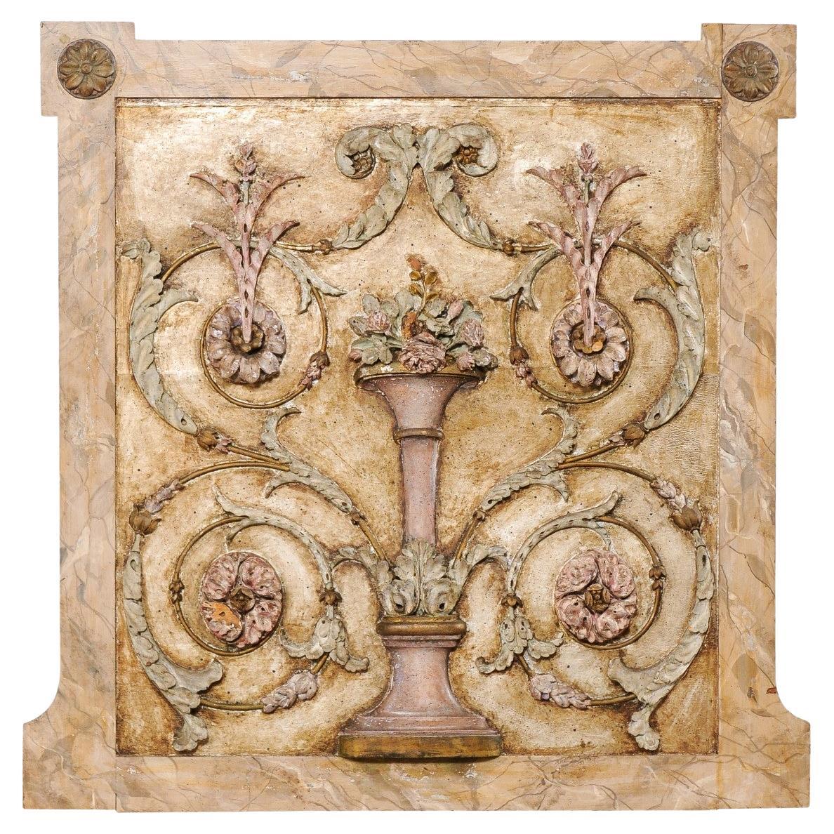 Plaque carrée néoclassique française en bois sculpté avec finition ancienne ou d'origine