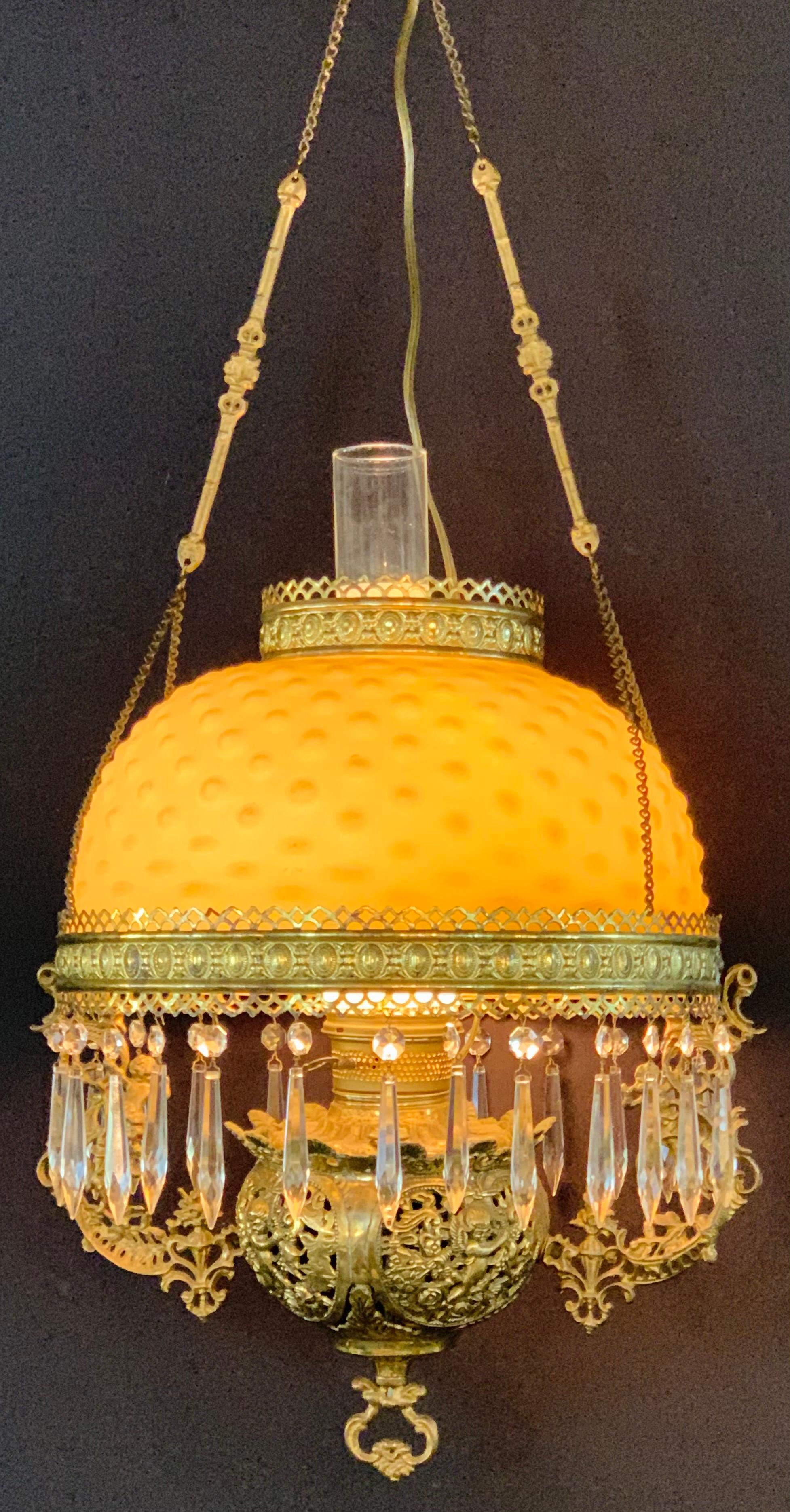 Victorian Brass and Opaline Round Shade Pendant or Chandelier For Sale 2