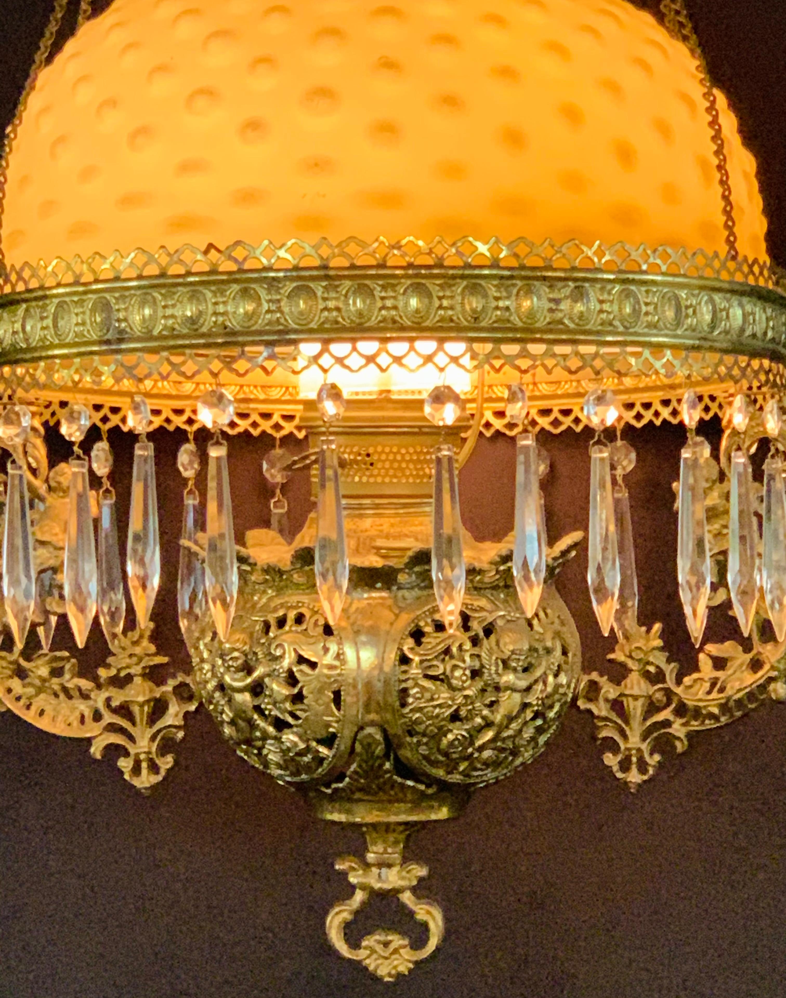 Victorian Brass and Opaline Round Shade Pendant or Chandelier For Sale 4