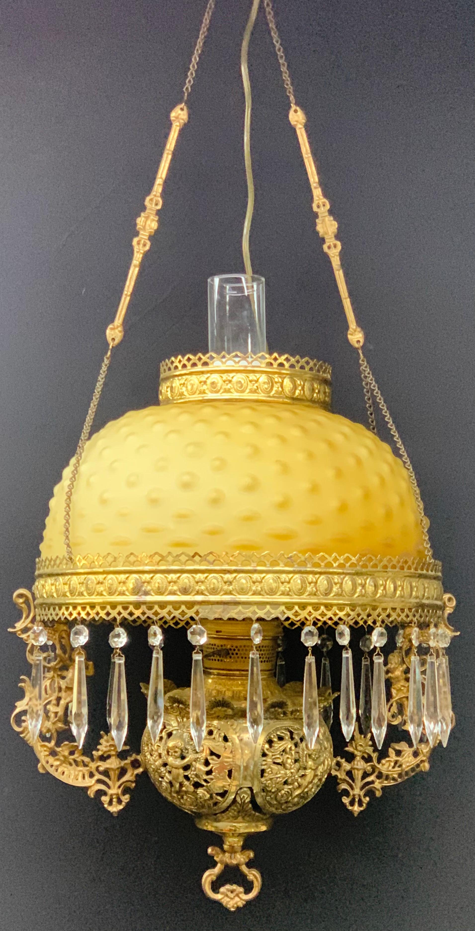 Victorian Brass and Opaline Round Shade Pendant or Chandelier For Sale 6
