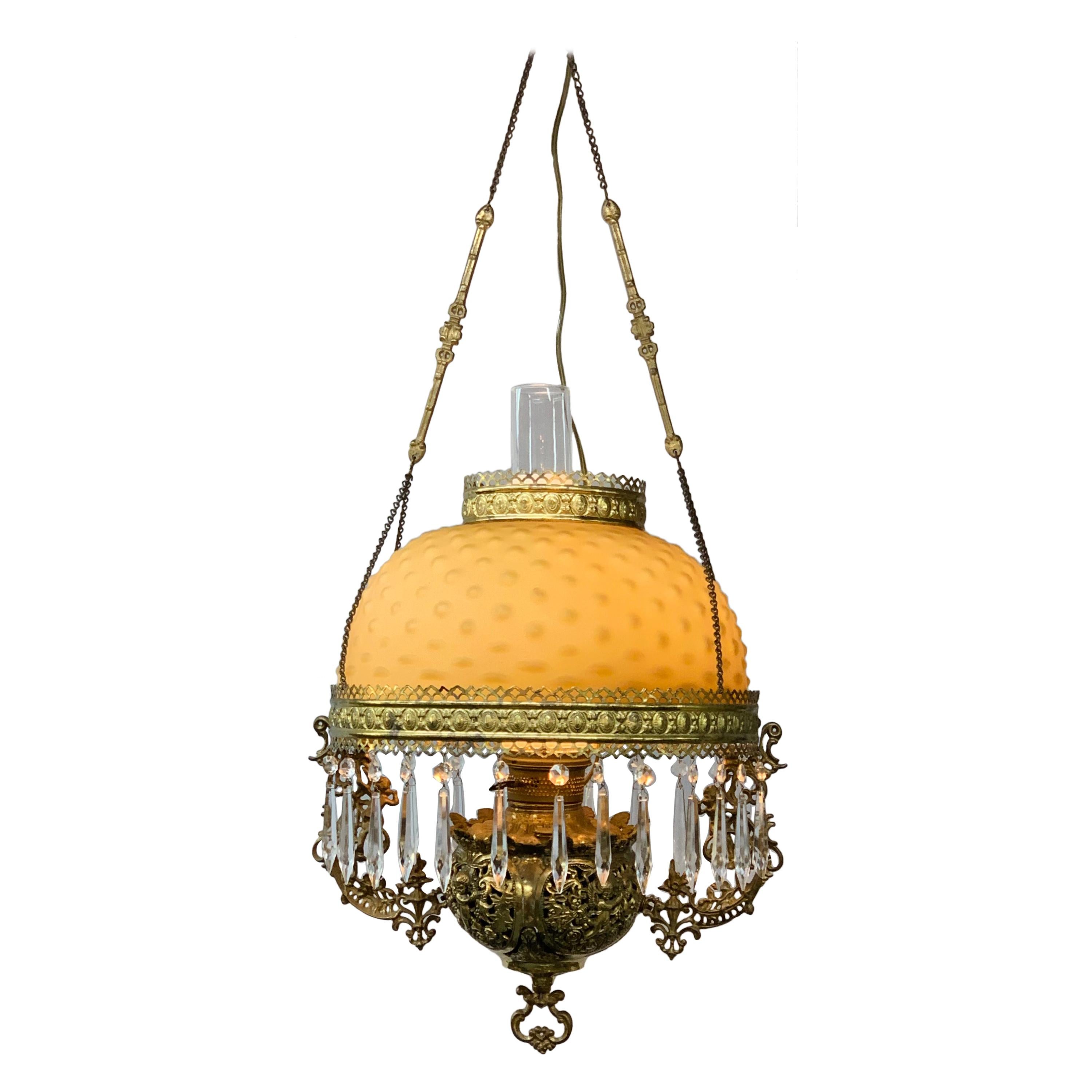 Victorian Brass and Opaline Round Shade Pendant or Chandelier For Sale