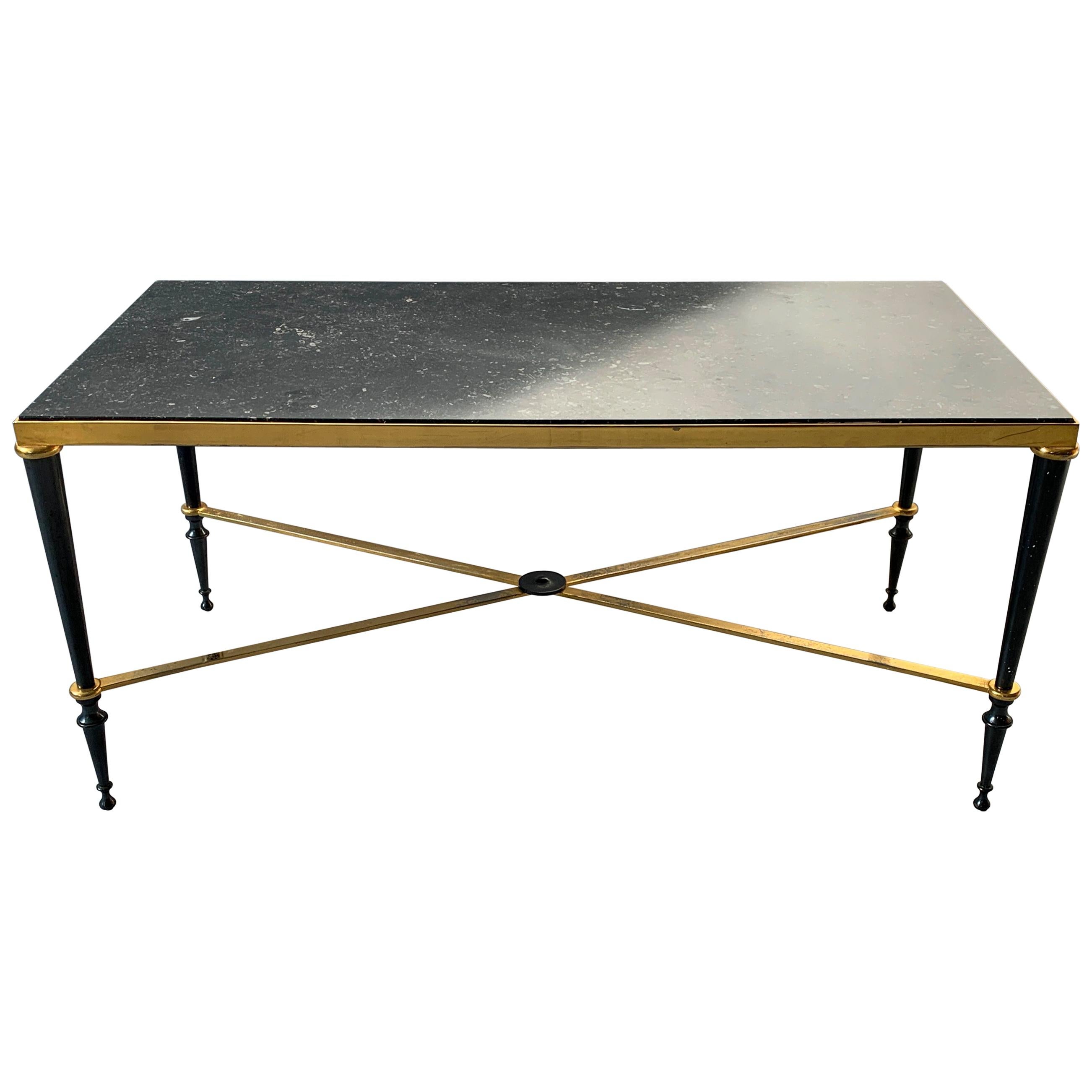 Neoclassical French Brass-Plated Coffee Table with Marble Top