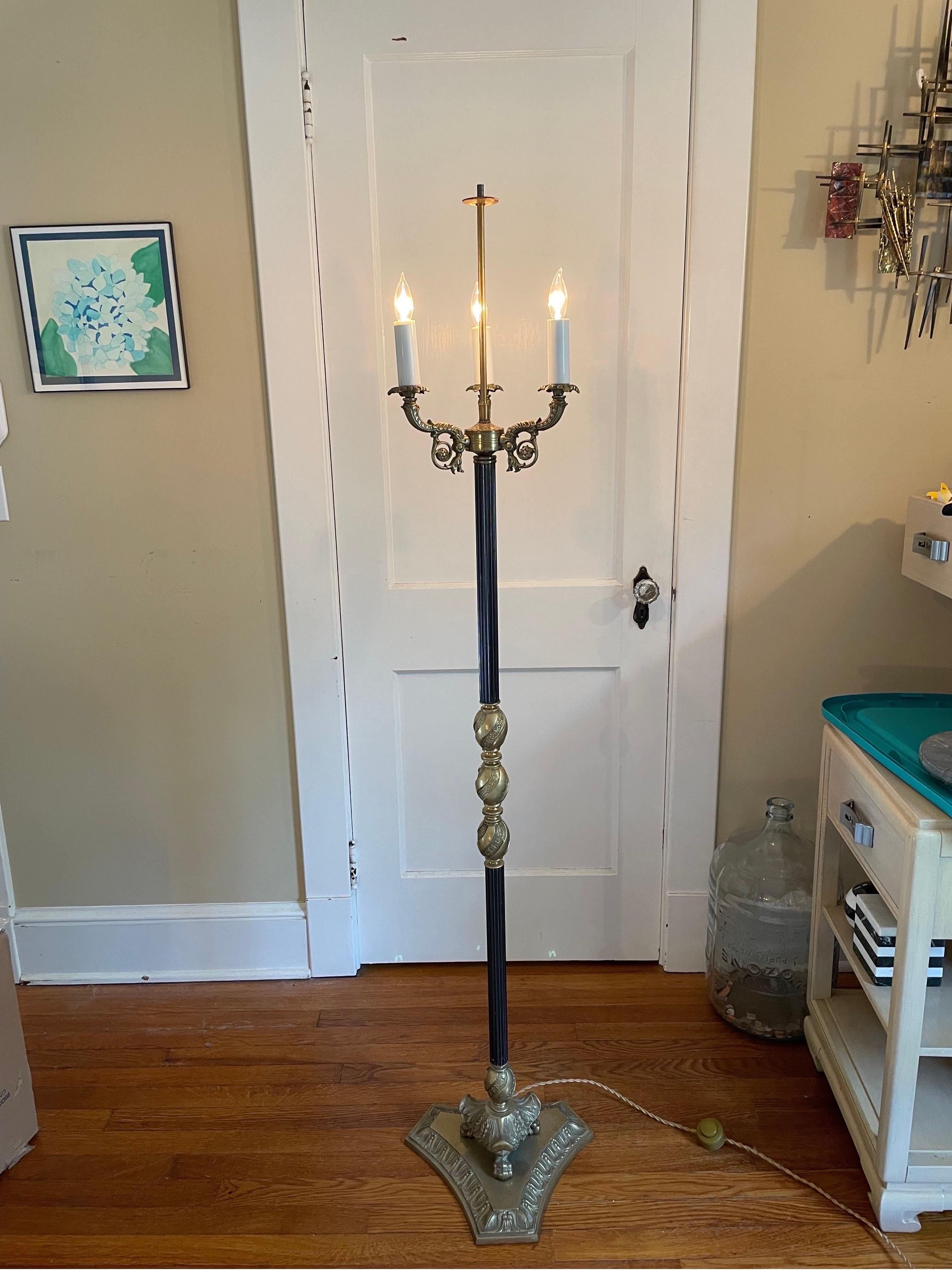 Jaw-dropping Neoclassical Bronze French Floor Lamp in the manner of Maison Charles. Stunning detail in all facets. Classical castings and applied decorations. 3 arm light. Please enlarge images to capture details. Heavy and substantial. Fabric cord