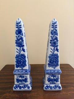 Neoclassical French Country Porcelain Blue and White Obelisks, Pair