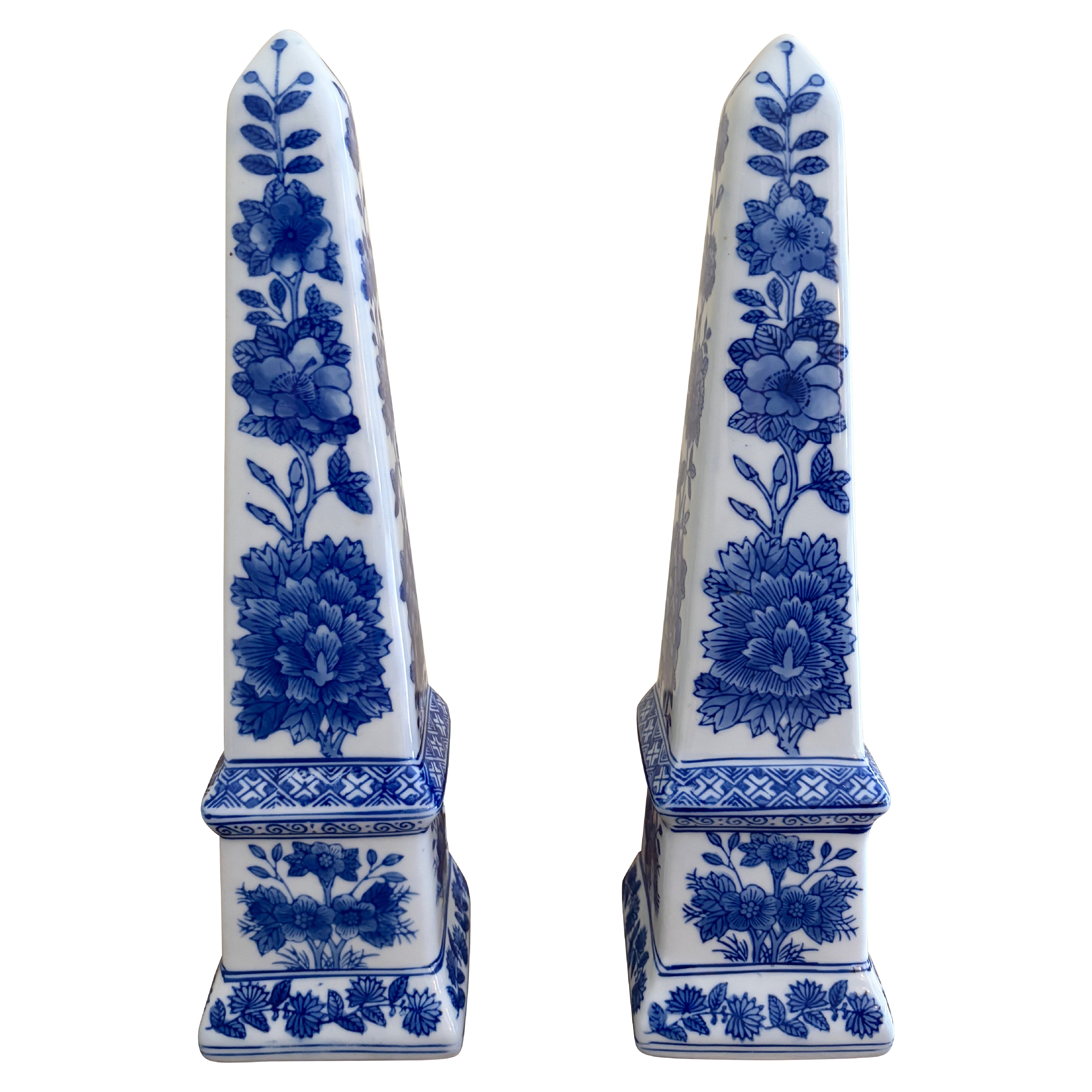 Neoclassical French Country Porcelain Blue and White Obelisks, Pair For Sale