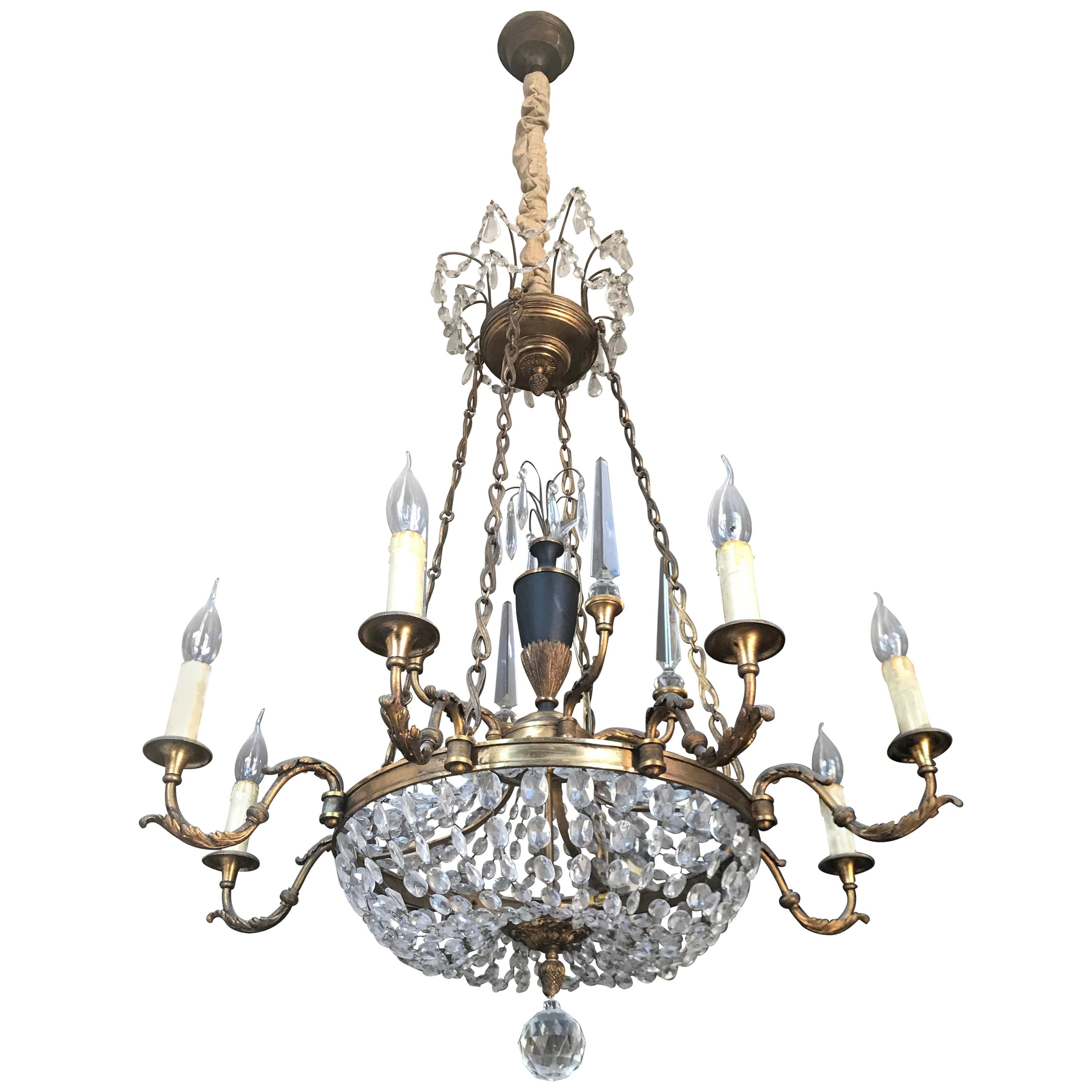 Neoclassical French Dore Bronze and Crystal Eight-Arm Chandelier For Sale