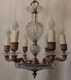 Neoclassical French Dore Bronze & Cut Crystal Six-Arm Empire Chandelier Fixture