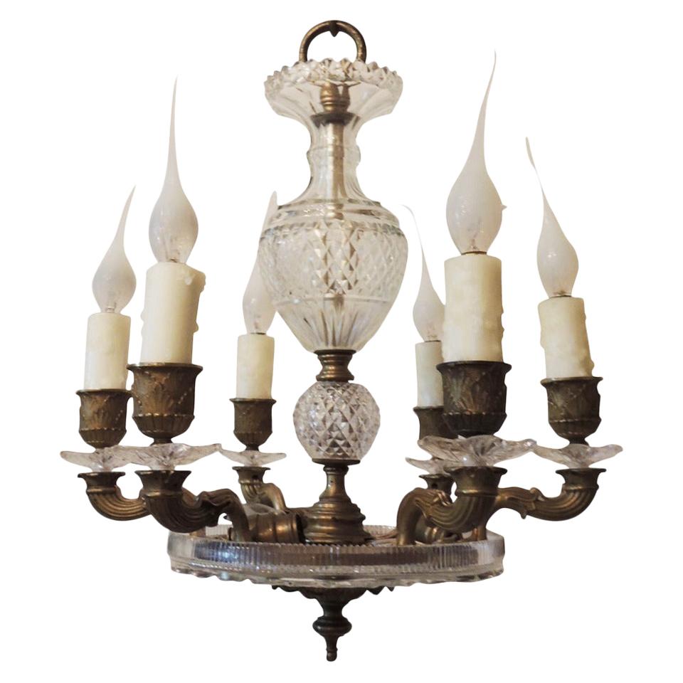 Neoclassical French Dore Bronze & Cut Crystal Six-Arm Empire Chandelier Fixture For Sale