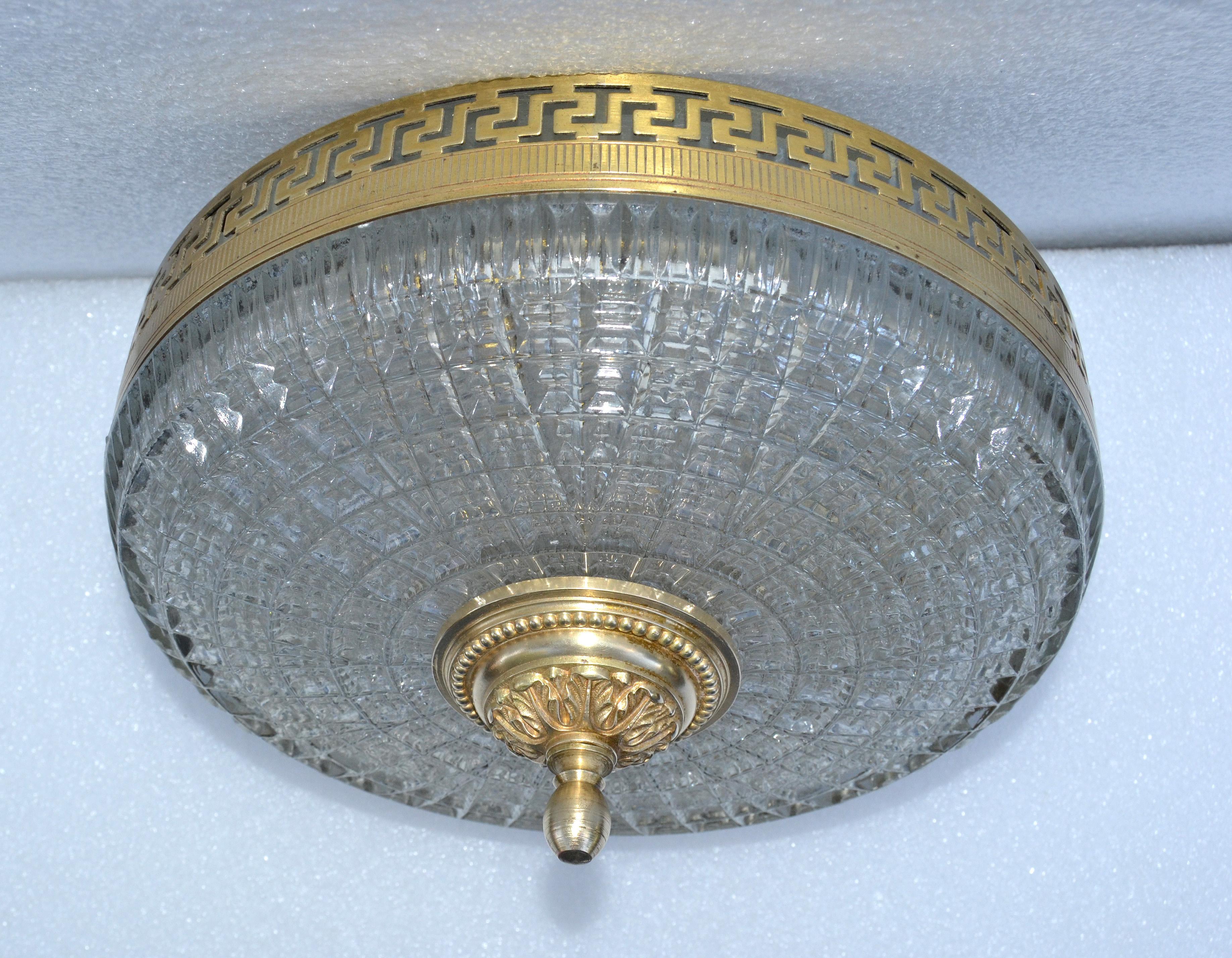 Neoclassical French Flush Mount Greek Key Brass Decoration Cut Glass Shade, 1960 For Sale 7