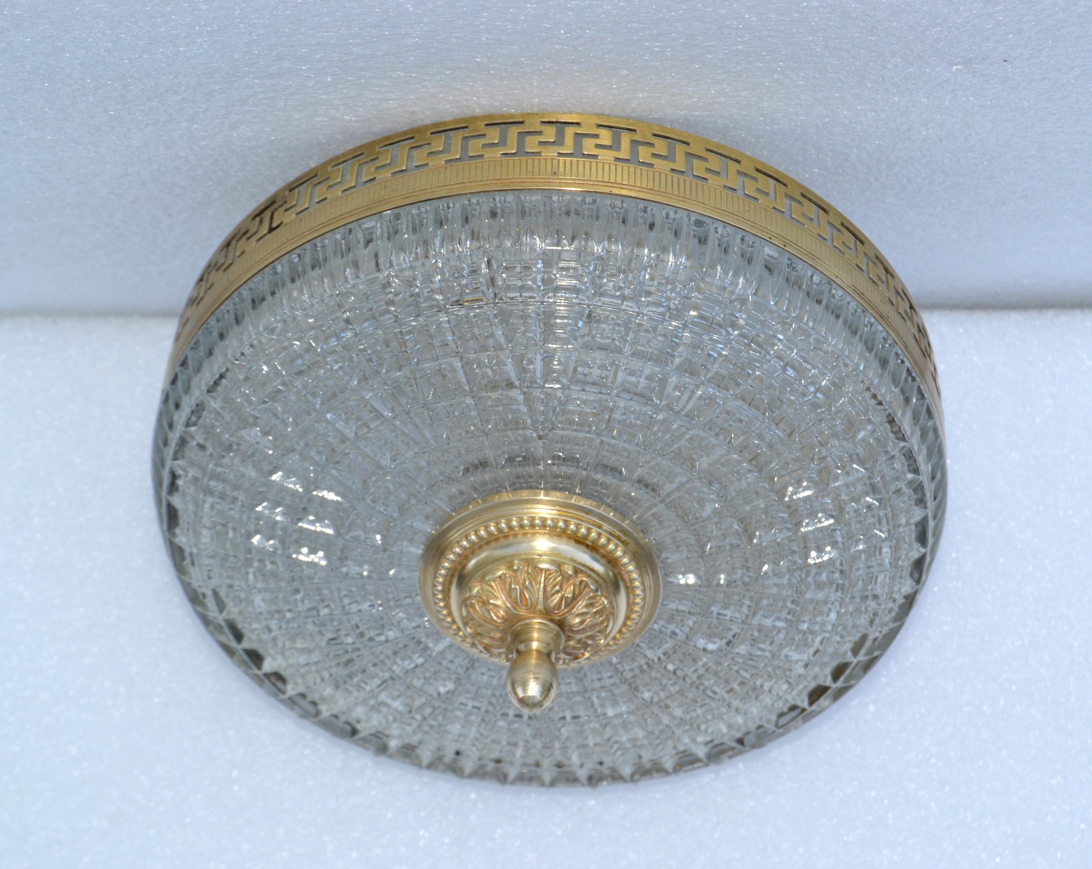 Neoclassical French Flush Mount Greek Key Brass Decoration Cut Glass Shade, 1960 For Sale 10