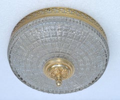 Neoclassical French Flush Mount Greek Key Brass Decoration Cut Glass Shade, 1960