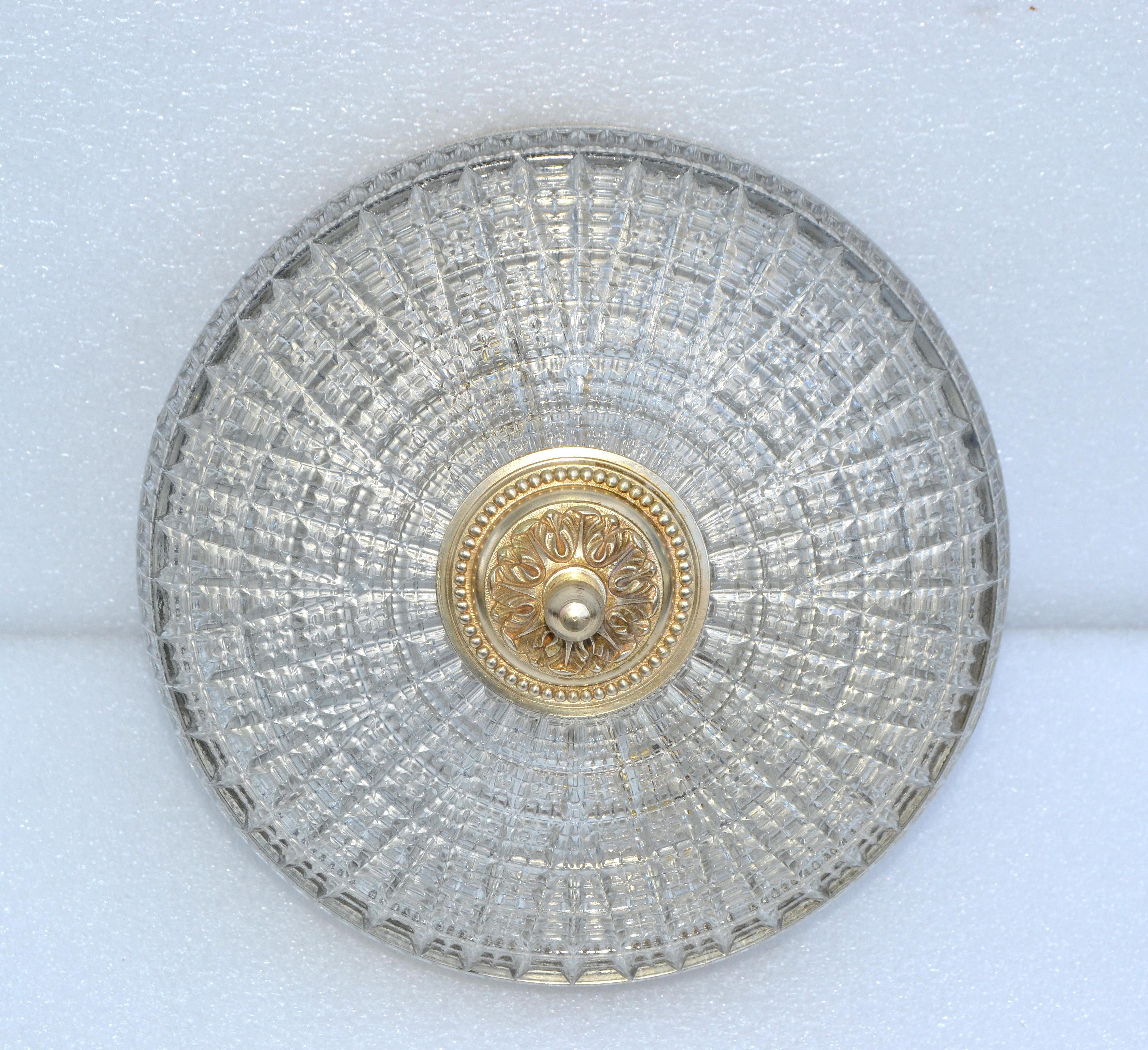 Neoclassical French Flush Mount Greek Key Brass Decoration Cut Glass Shade, 1960 In Good Condition For Sale In Miami, FL