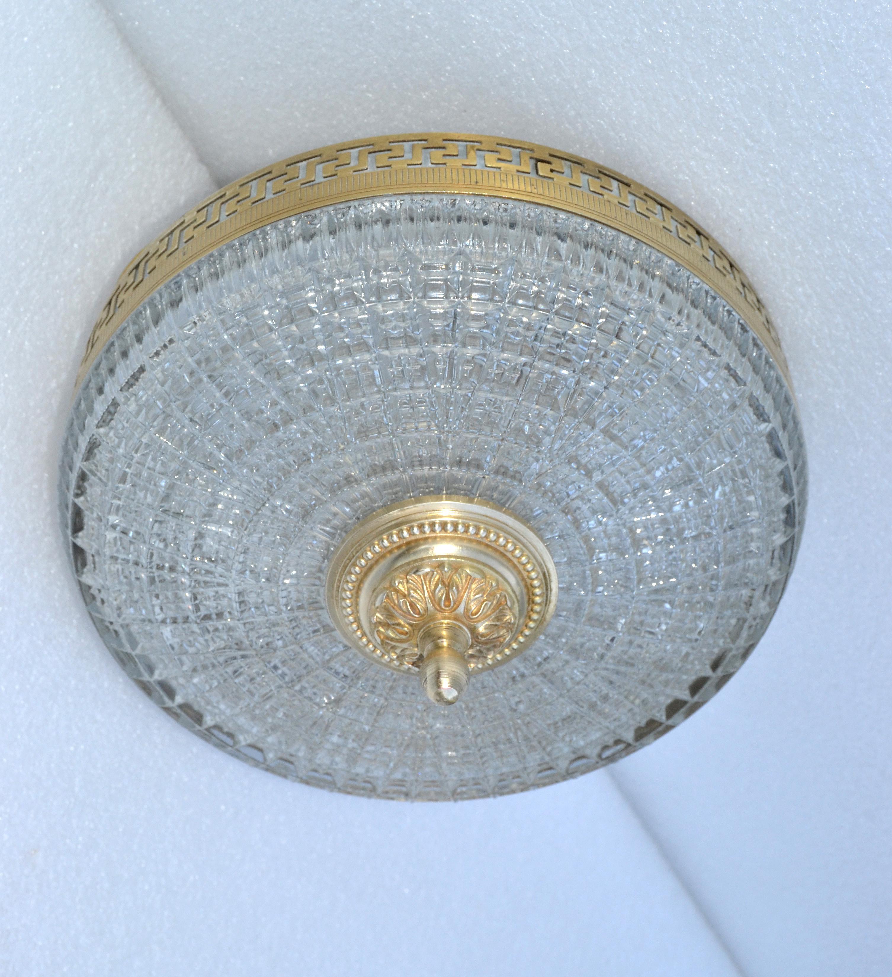 Mid-20th Century Neoclassical French Flush Mount Greek Key Brass Decoration Cut Glass Shade, 1960 For Sale