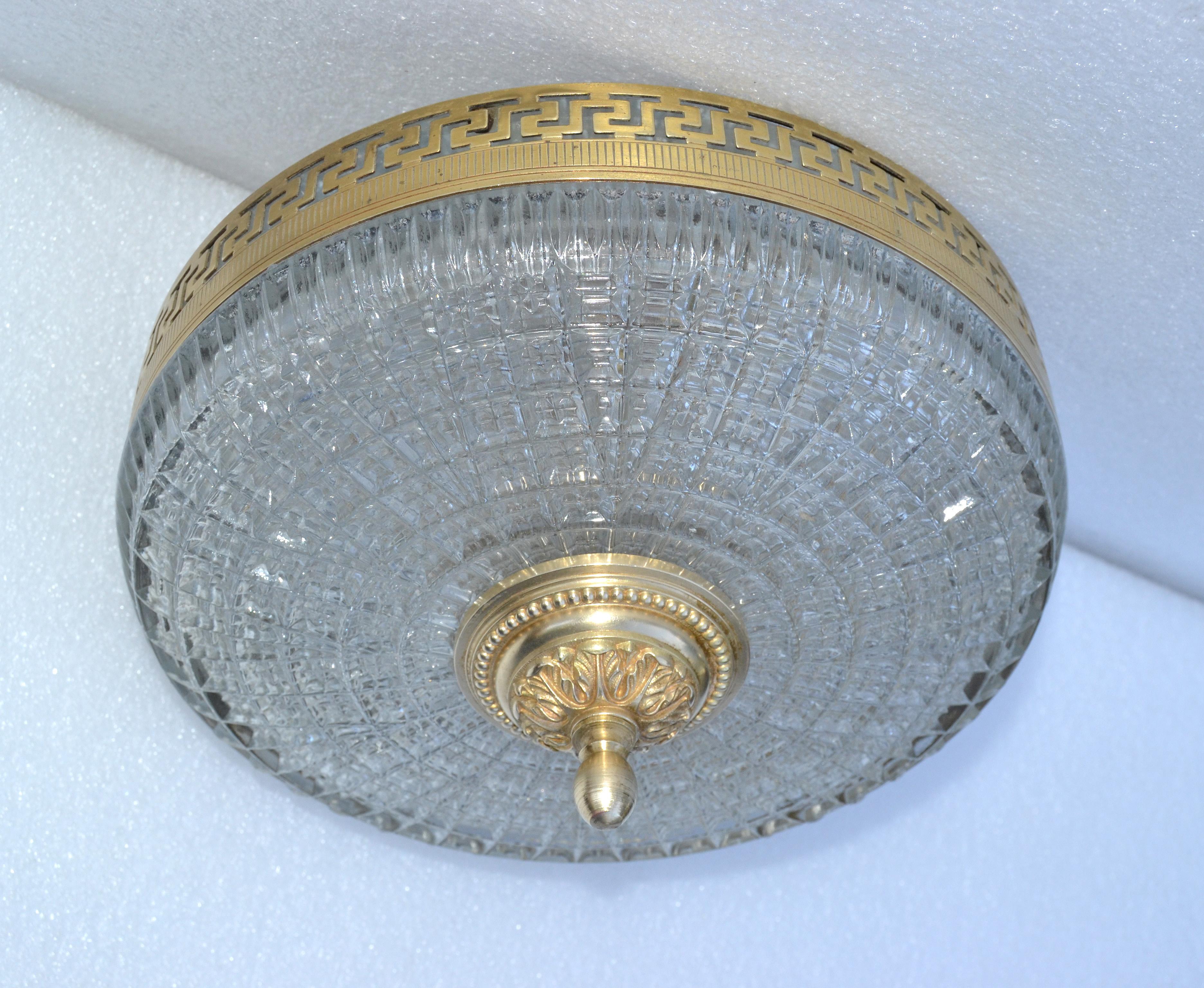 Neoclassical French Flush Mount Greek Key Brass Decoration Cut Glass Shade, 1960 For Sale 1