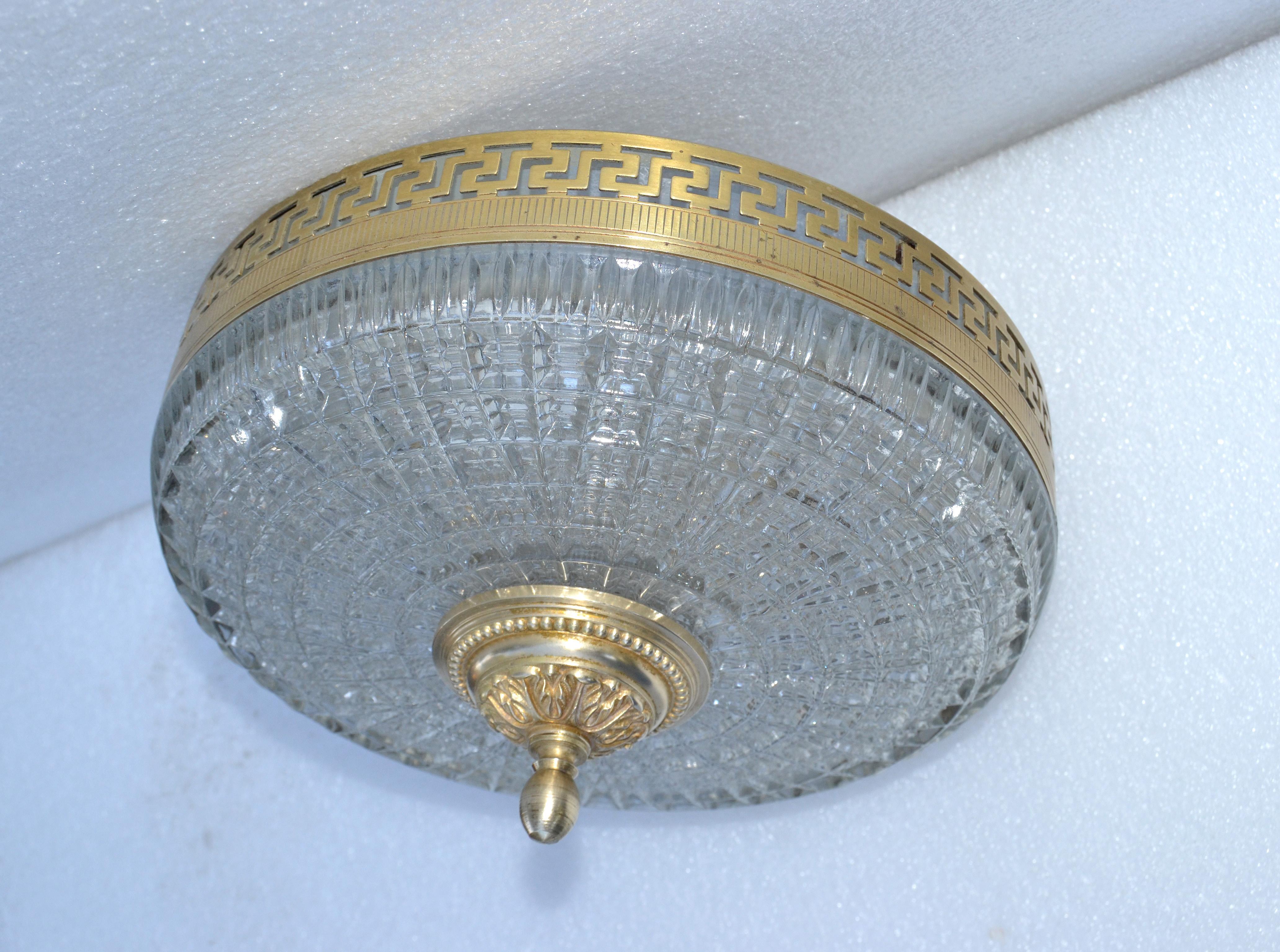 Neoclassical French Flush Mount Greek Key Brass Decoration Cut Glass Shade, 1960 For Sale 2