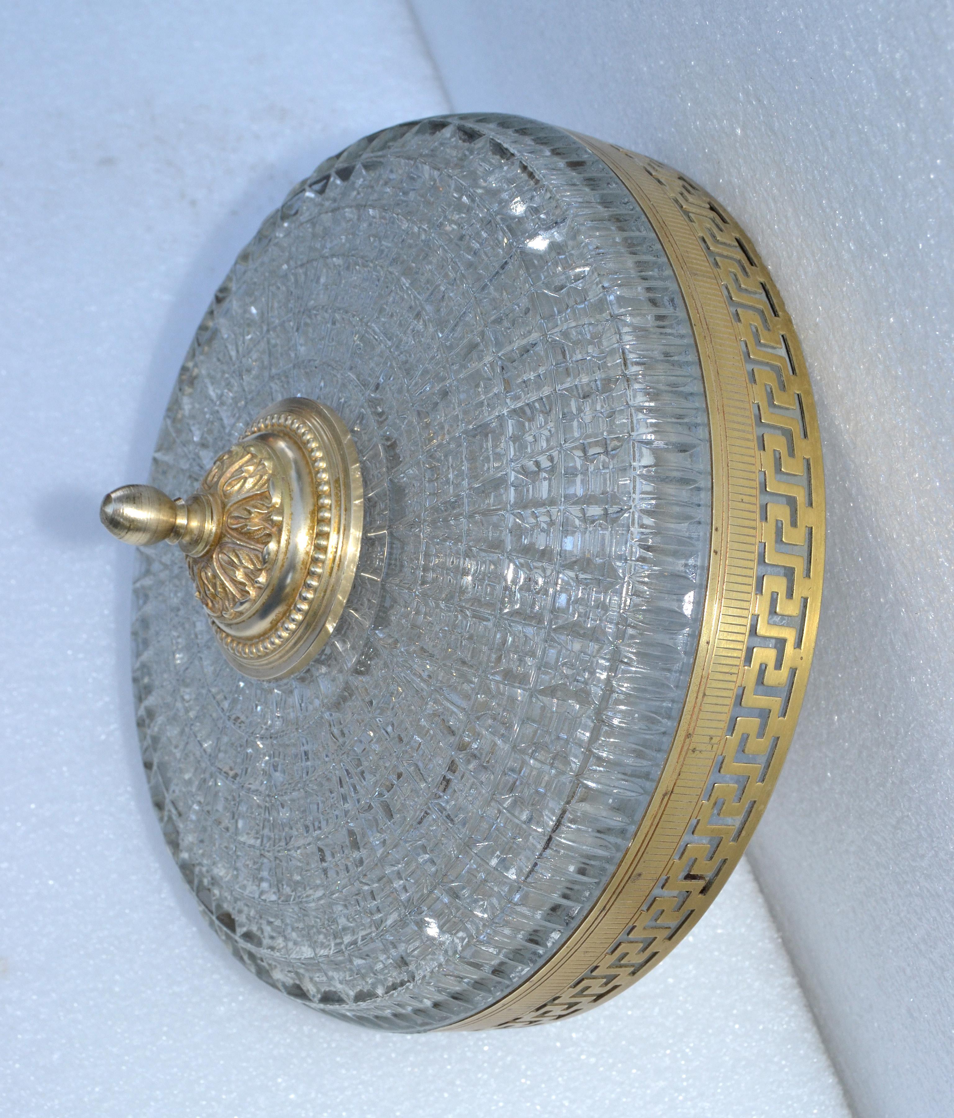Neoclassical French Flush Mount Greek Key Brass Decoration Cut Glass Shade, 1960 For Sale 3