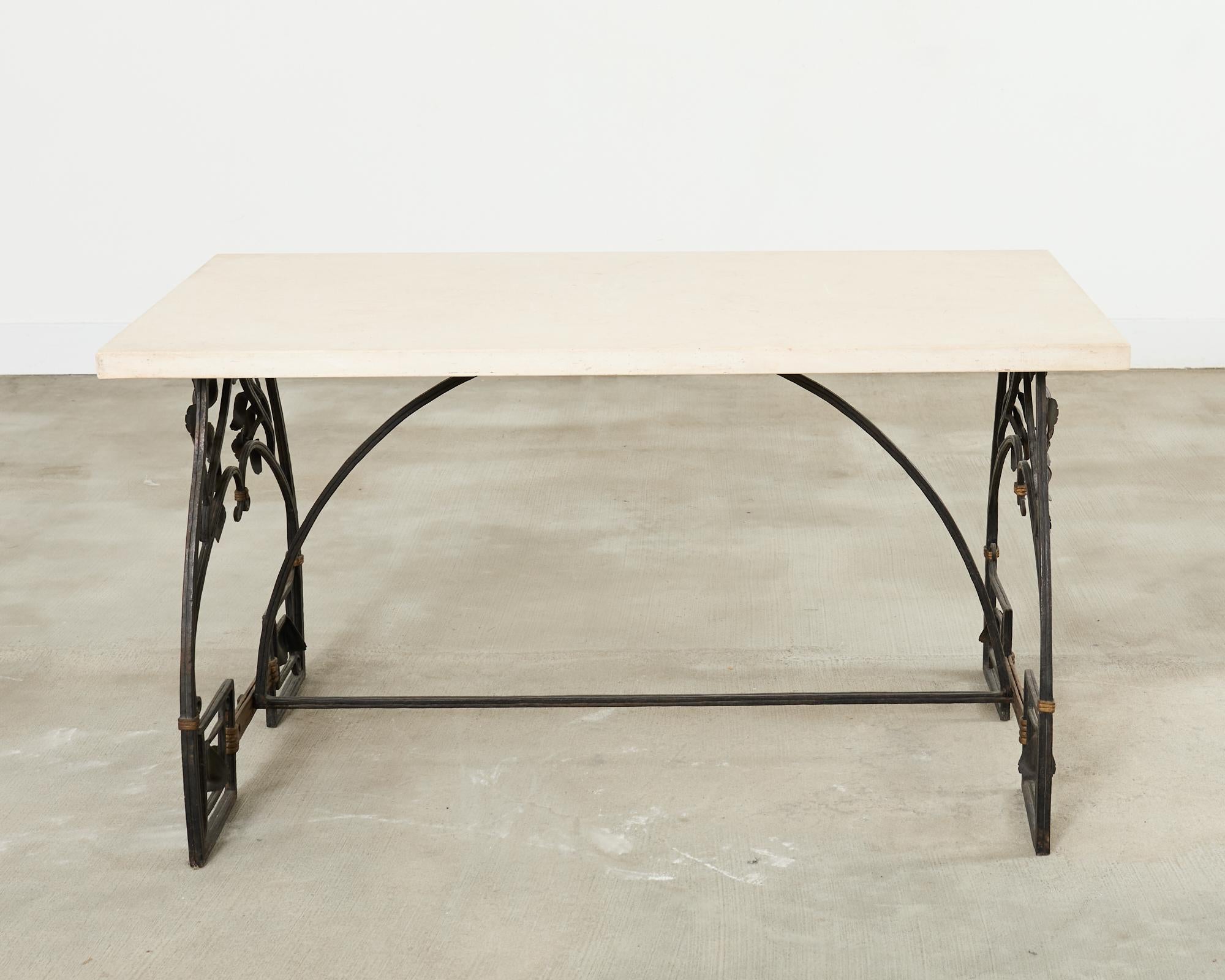 Hand-Crafted Neoclassical French Iron and Limestone Garden Dining Table For Sale
