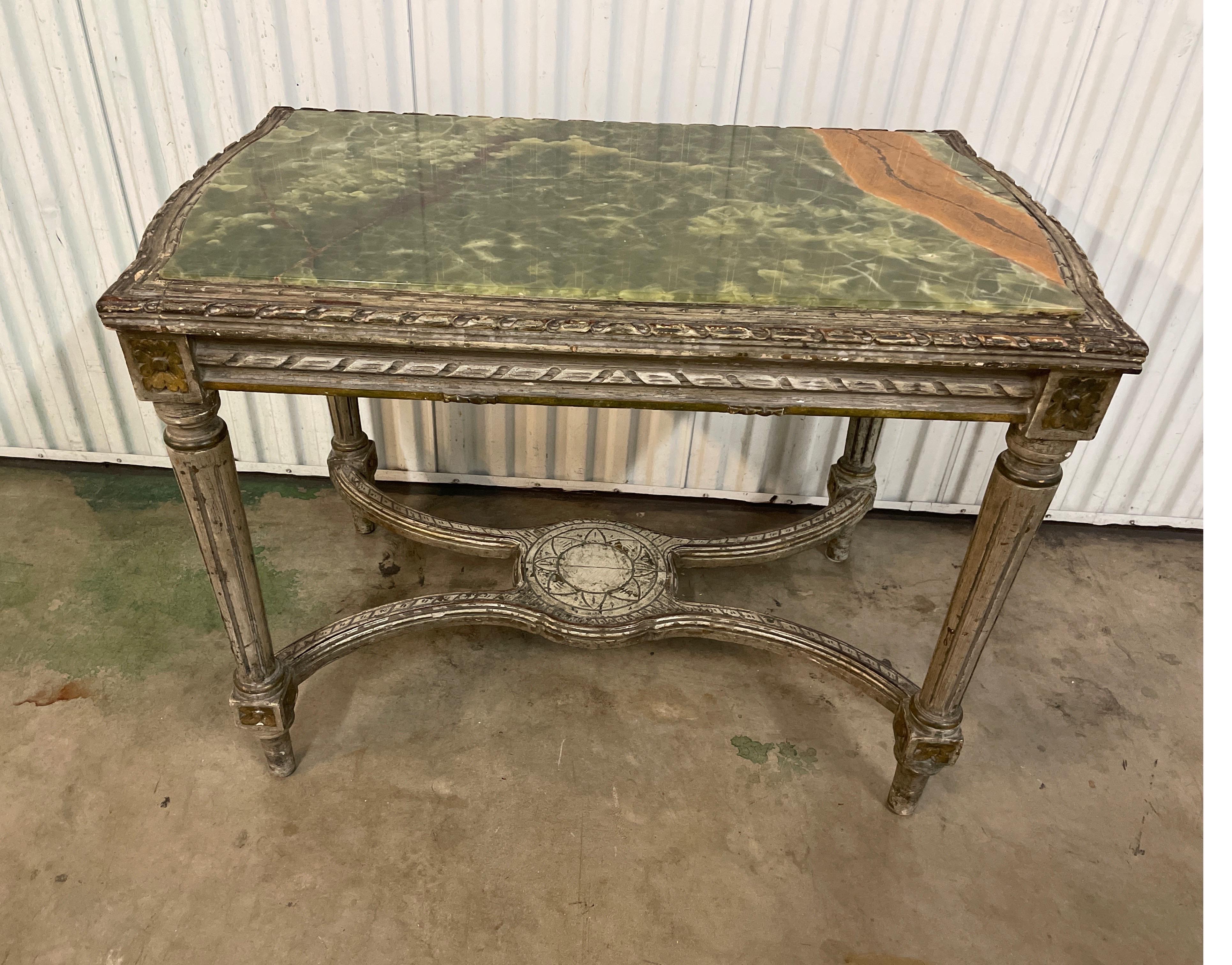 Antique Louis XVI Style carved wood center table with onyx top.