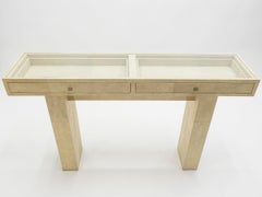 Neoclassical French Shagreen Brass Glass Console Table, 1980s